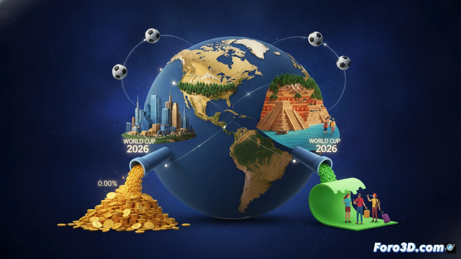 Aerial view of a massive stadium under construction, a tiny glowing soccer ball being dwarfed by a colossal US GDP growth chart overlay, while a magnifying glass zooms into a minuscule financial tick on the chart, contrasting with a distant Mexican flag where a tourism-dollar icon grows rapidly, photorealistic technical illustration, cinematic sunlight, sharp architectural details, data visualization elements as glowing wireframes, economic flow arrows fading into the vast US skyline, ultra-detailed urban landscape