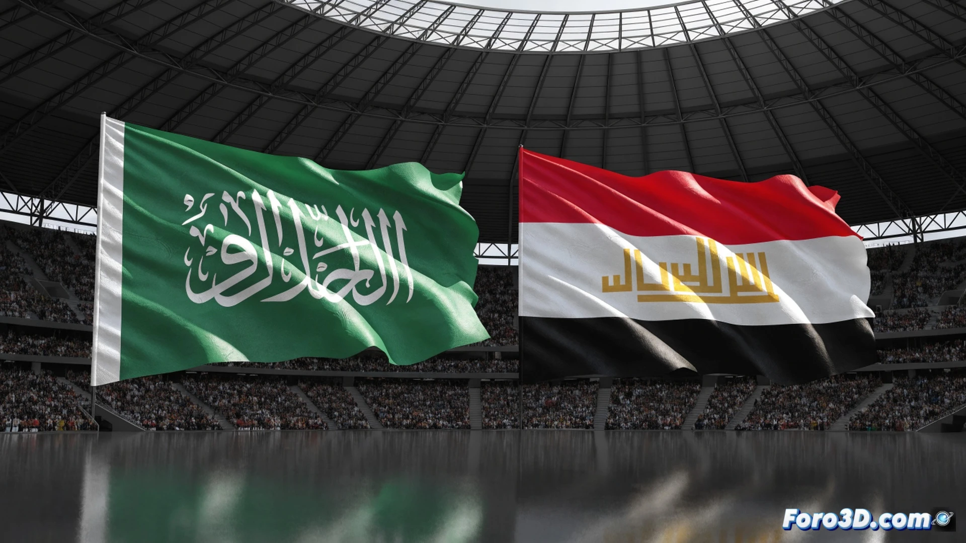 Estadio de fútbol moderno vacío antes del partido, dos asistentes ceremoniales sosteniendo banderas de Arabia Saudita e Irak en alto mientras un tercer técnico coloca soportes verticales de acero inoxidable sobre el césped, banderas ondeando sin tocar el suelo, cámaras de transmisión en primer plano, luces de estadio iluminando los símbolos religiosos islámicos en las telas, proceso de montaje ceremonial mostrando respeto cultural, estilo cinematográfico fotorrealista, iluminación dramática de atardecer, texturas detalladas de césped artificial y gradas vacías, composición simétrica y solemne