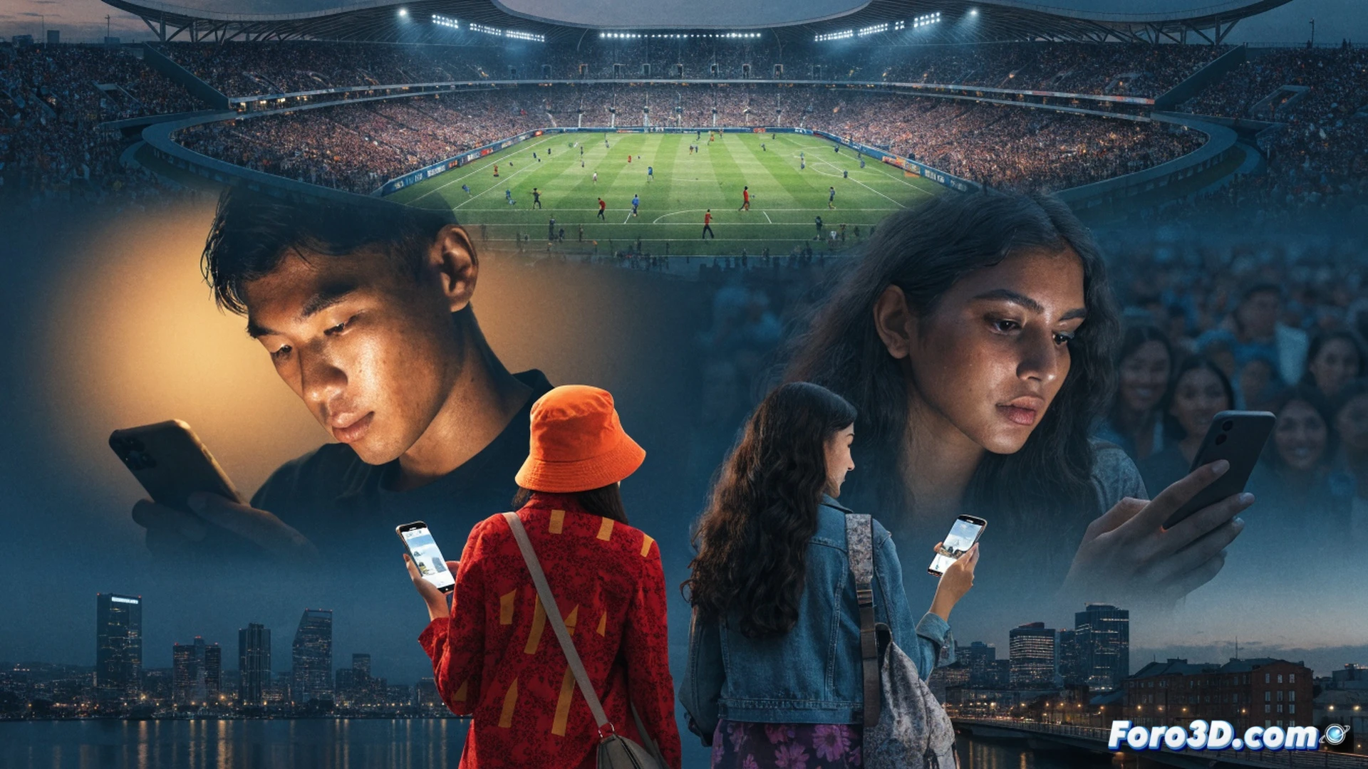 Smartphone screen glowing with Tinder interface showing 47% match surge, two soccer fans in jerseys swiping right while stadium lights illuminate the background, beer bottles and tickets on a wooden table, digital heart icons floating upward, cinematic night scene with neon reflections on glasses, photorealistic urban atmosphere, motion blur on passing crowds outside window, warm amber and blue lighting, ultra-detailed phone screen with app UI elements, romantic tension in blurred silhouettes, high-end commercial photography style