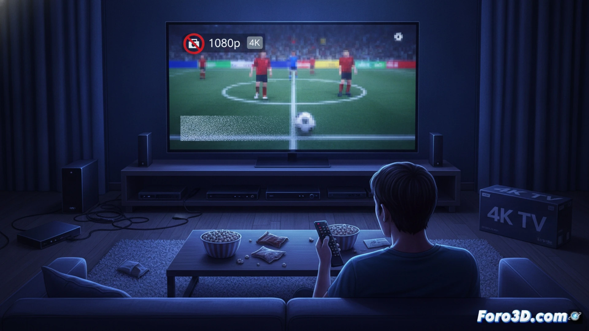 high-end 75-inch 4K television displaying a football match, on-screen image degrading to pixelated 1080p resolution while a streaming signal cable visibly splits into low-bandwidth wires, a technician holding a budget meter showing limited data throughput, living room setting with expensive furniture contrasting cheap digital artifacts, cinematic photorealistic render, dramatic shadows across the screen, motion blur on football players, glowing compression blocks around the ball, ultra-detailed TV bezel and remote control, realistic lighting from screen illuminating disappointed viewer silhouette