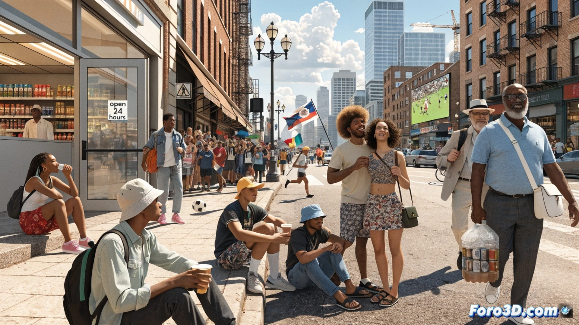 Aerial view of a bustling American city street during a 2026 World Cup match, international fans in diverse jerseys holding smartphones and free soda cups, smiling locals handing out cold drinks from a 24-hour convenience store with glowing neon sign, stadium floodlights illuminating the scene in the background, cinematic photorealistic style, warm golden hour light mixed with cool blue LED storefronts, motion blur of passing cars, people laughing and gesturing while walking, no visible text or numbers, ultra-detailed crowd expressions, vibrant yet realistic urban atmosphere, technical illustration of positive cultural exchange in action