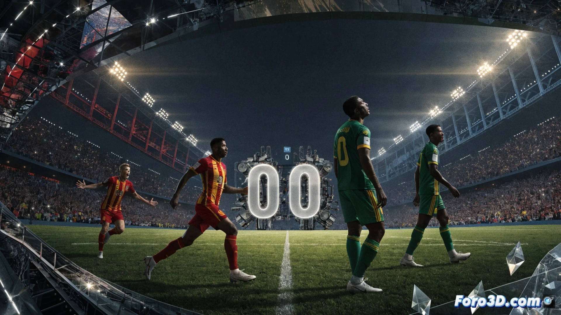 Estadio lleno durante el Mundial 2026, balón en el centro del campo en movimiento incierto, jugador de España en acción de disparo bloqueado por defensor de Cabo Verde, ambos cuerpos en tensión dinámica, sudor y césped levantado, marcador electrónico en segundo plano mostrando 0-0 sin texto visible, cámara cinematográfica desde nivel de suelo, iluminación dramática de reflectores nocturnos, estilo photorealistic sports photography, profundidad de campo con aficionados borrosos al fondo, texturas detalladas de uniformes y botas, sensación de empate agónico y emoción contenida.