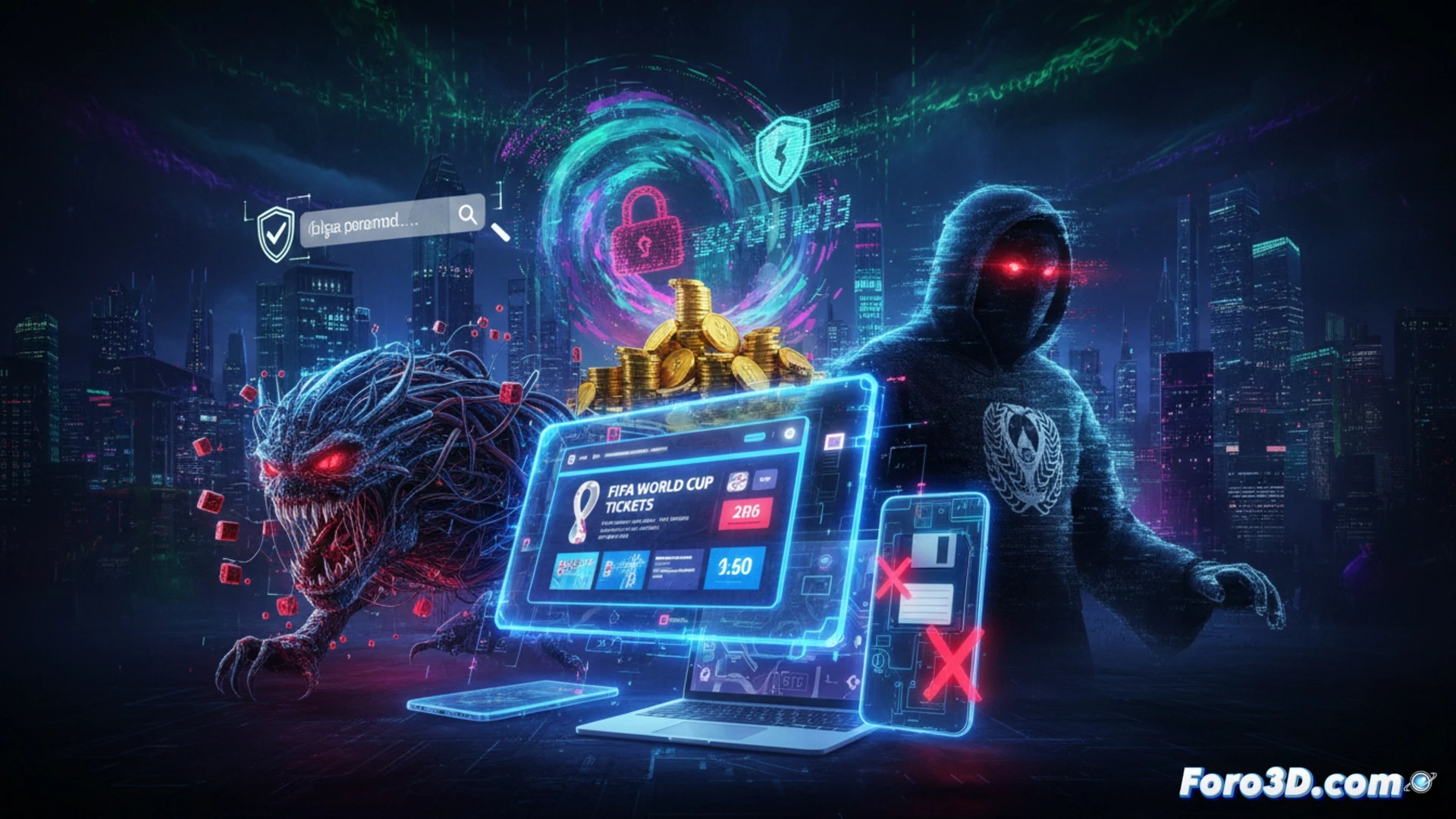 realistic digital fraud scene, person typing on laptop with fake World Cup 2026 ticket website open, phishing email notification popping up, malicious download icon hovering over bank account dashboard, cybercriminal silhouette in background manipulating data streams, glowing red warning symbols on screen, technical illustration style, metallic laptop casing, dark dramatic lighting, motion blur on cursor clicking a fraudulent link, ultra-detailed keyboard and monitor, photorealistic cybersecurity visualization