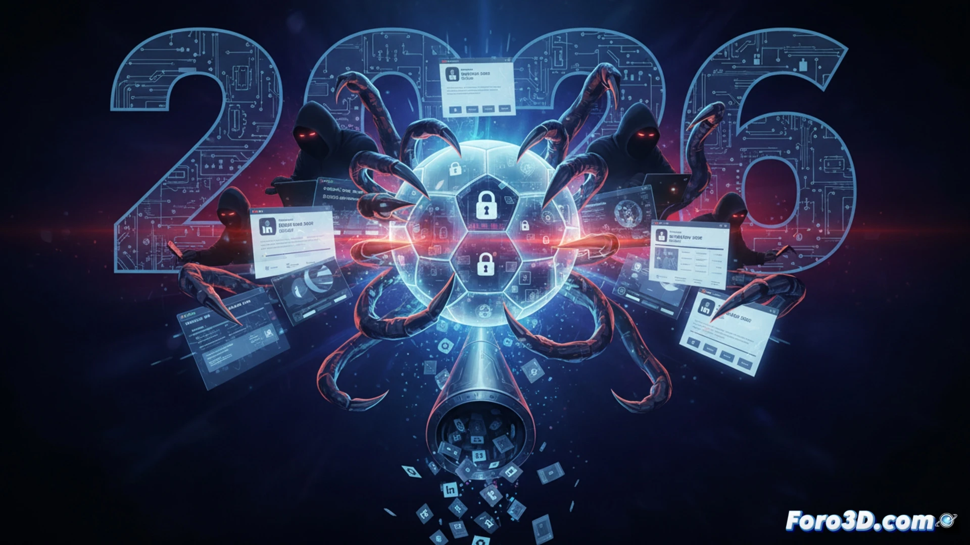 cybercriminal network control room, hacker typing on keyboard with multiple monitors displaying fake FIFA World Cup 2026 ticket websites and phishing pages, glowing red warning icons over stolen credit card data and fake LinkedIn profiles, process of data theft visualized as digital streams from fake booking forms into a central server, cinematic cyberpunk style, dark room with blue and red neon lighting, holographic malware code floating in air, realistic technical illustration, high-contrast dramatic shadows, ultra-detailed circuit board textures