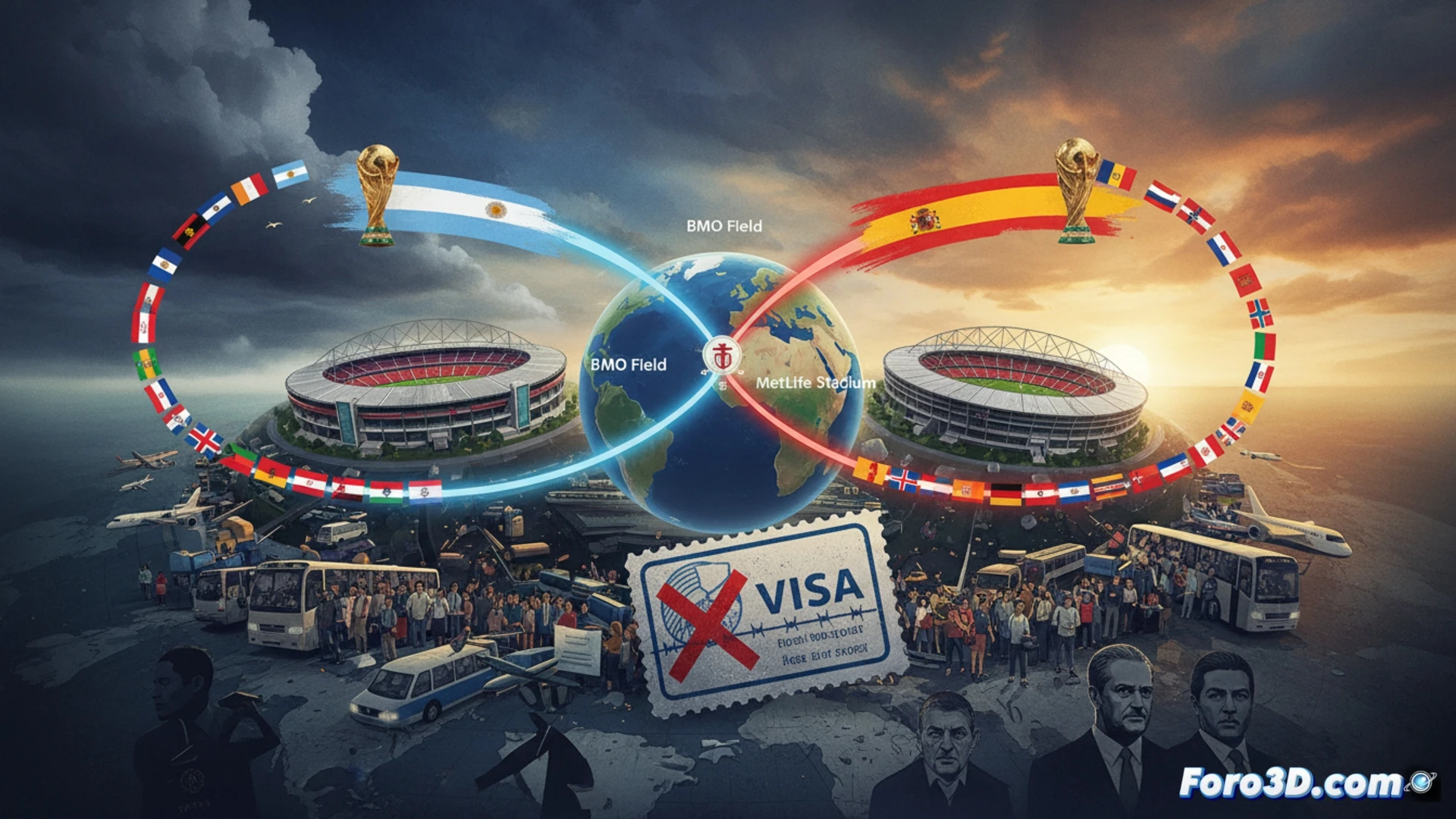 Estadio moderno con tres banderas ondeando sobre el césped, 48 balones de fútbol dispersos en formación circular sobre el campo, un visado estampado con sello oficial siendo rechazado en primer plano, mapa de Norteamérica iluminado con rutas aéreas cruzando fronteras, reloj digital marcando cuenta regresiva con cifras caóticas, aficionados multitudinarios en gradas con expresiones de tensión, fotografía realista cinematográfica, iluminación dramática de estadio nocturno, sombras profundas, texturas de papel y tela metálica, alto contraste, lente gran angular, detalle hiperrealista en sellos y documentos.