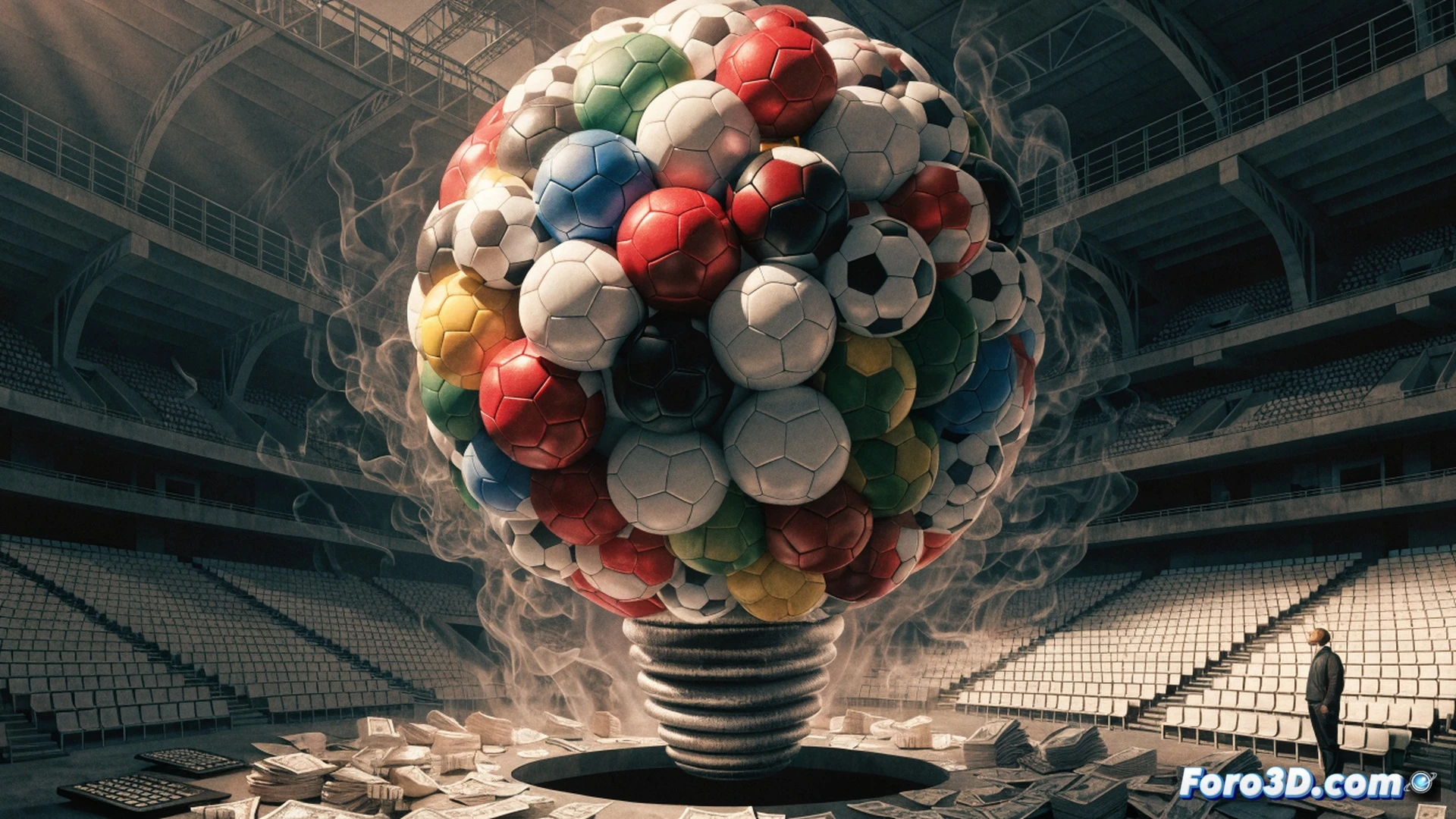 Inflated World Cup trophy surrounded by deflated footballs, FIFA logo on a giant cash register crushing a small stadium, exhausted fans holding overpriced empty seats, while a referee blows a whistle at a bloated ball, cinematic photorealistic visualization, dramatic low-angle lighting, dark stormy sky, stadium floodlights casting harsh shadows, ultra-detailed textures on leather and metal, chaotic atmosphere with scattered tickets, motion blur on spinning coins, technical illustration style