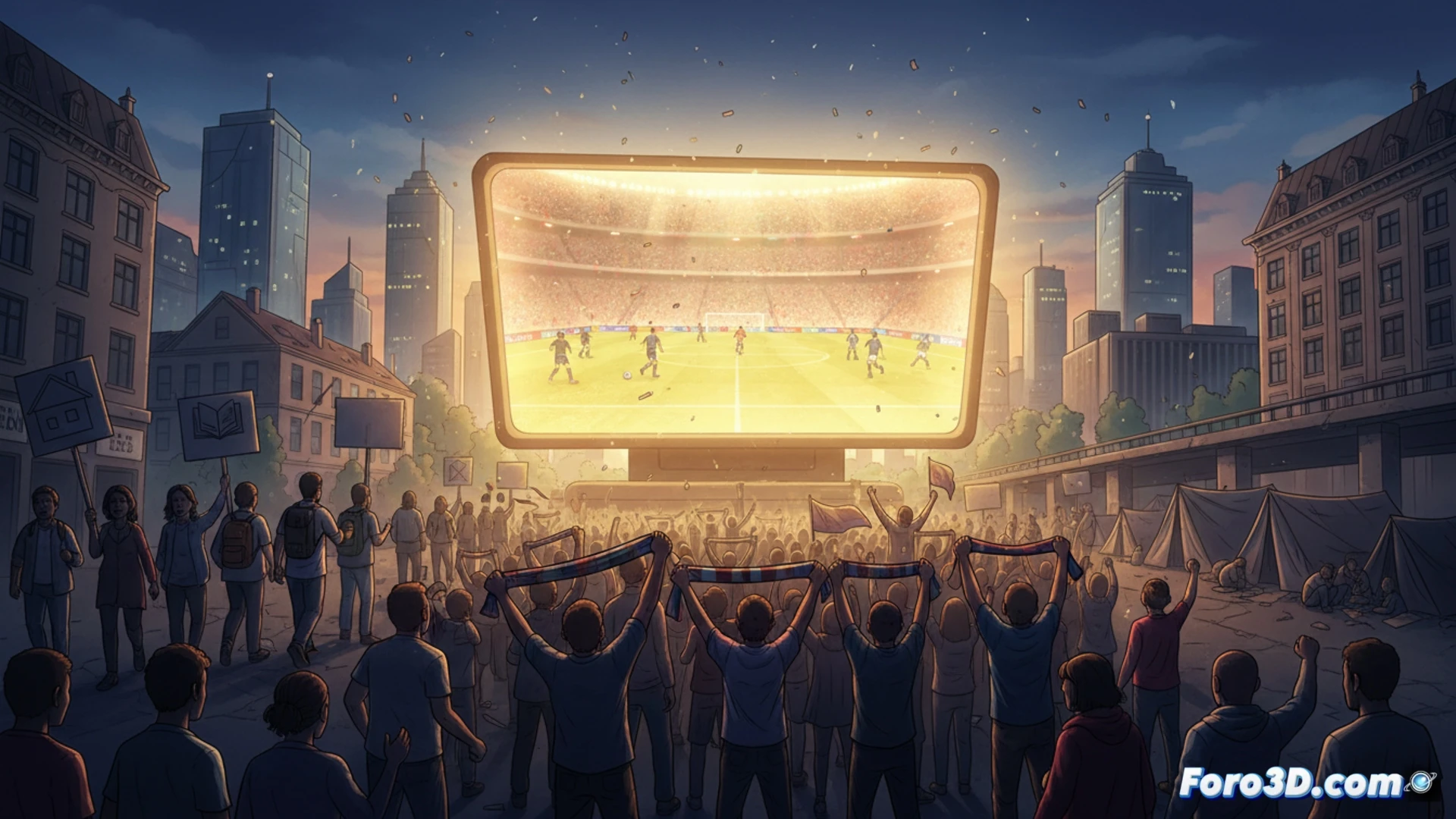 photorealistic cinematic scene of a massive glowing World Cup trophy casting a bright shadow over a crowd, while in the foreground a group of teachers holds a silent protest with empty chalkboards and worn books, behind them a row of crumbling apartment buildings with FOR RENT signs hanging crooked, a construction crane frozen mid-action above a half-built luxury tower, the stadium lights blinding the background, muted grey and gold color palette, dramatic contrast between spectacle and decay, ultra-detailed urban textures, cinematic wide-angle lens, technical illustration style with realistic lighting and atmospheric haze