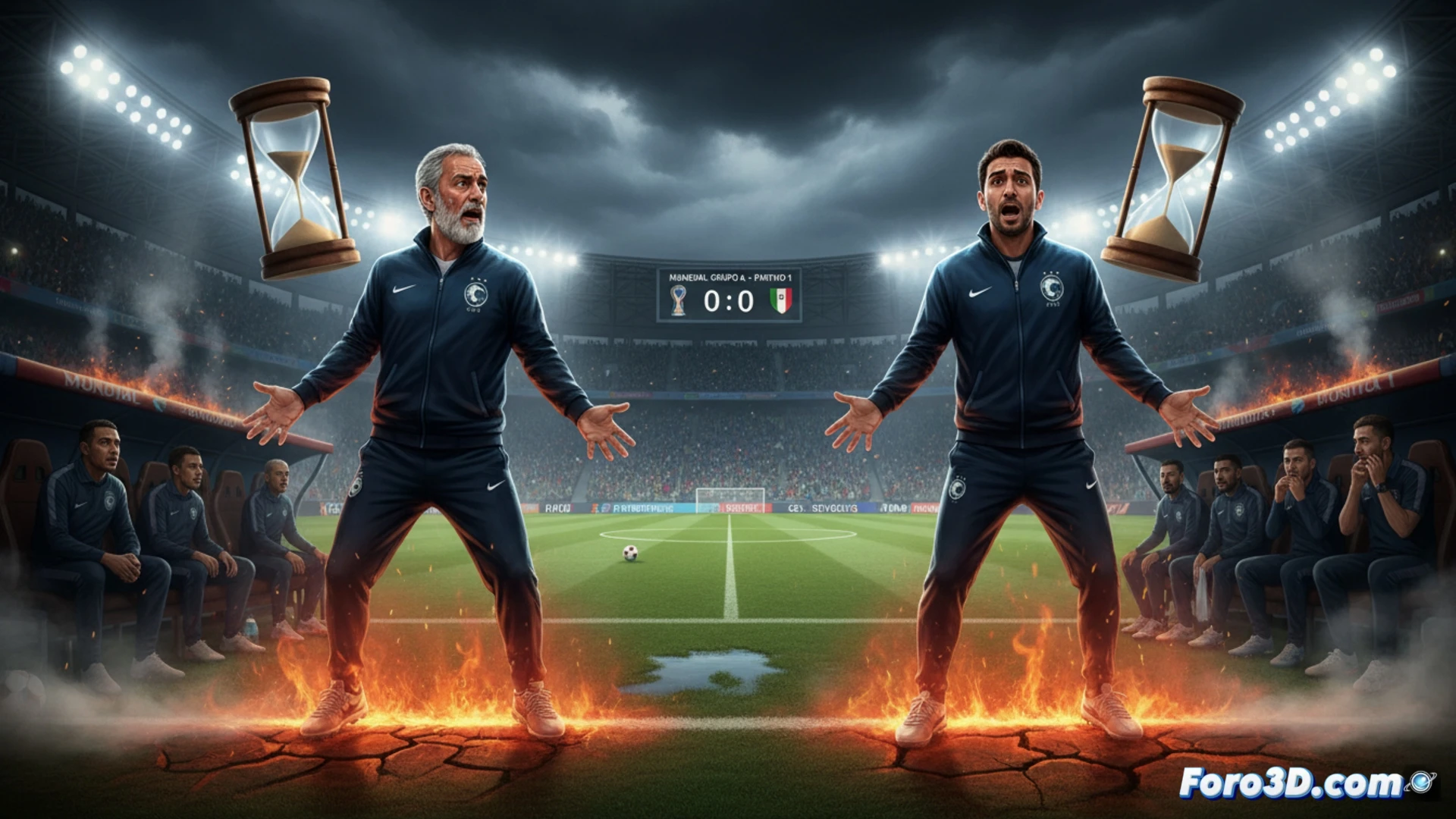 fútbol mundialista, entrenador sin tiempo mirando reloj de arena mientras jugadores colocan conos de entrenamiento en campo vacío, pizarra táctica digital con esquemas borrosos a medio dibujar, cronómetro rojo en cuenta regresiva sobre fondo de estadio vacío, banquillo solitario con auriculares técnicos y tablet apagada, viento levantando hojas secas sobre césped, estilo cinematográfico realista, iluminación dramática naranja y gris, profundidad de campo reducida, textura de hierba artificial y metal, atmósfera tensa de urgencia técnica