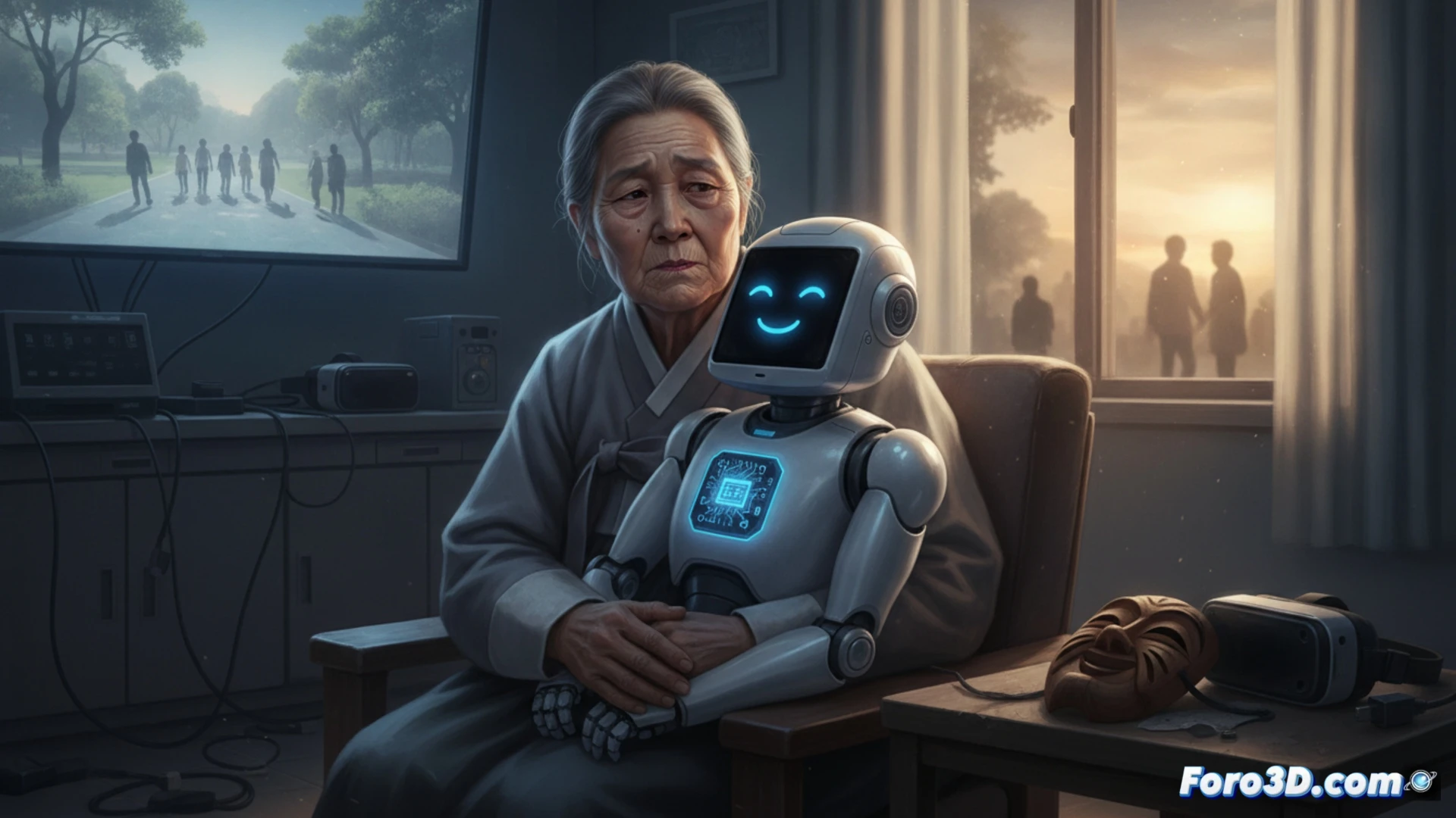 futuristic elderly woman holding a plastic AI doll on a sterile table, robotic doll with glowing eyes and exposed circuit board inside its chest, empty teacup beside her, cold blue LED lights reflecting on wrinkled hands, no humans nearby, blank white walls of a lonely apartment, photorealistic technical illustration, hyper-detailed latex skin texture, visible microchips and wiring inside the doll s open back panel, harsh fluorescent overhead lighting, clinical atmosphere, metallic components casting sharp shadows, cinematic composition emphasizing isolation, ultra-sharp focus on doll s artificial smile mechanism