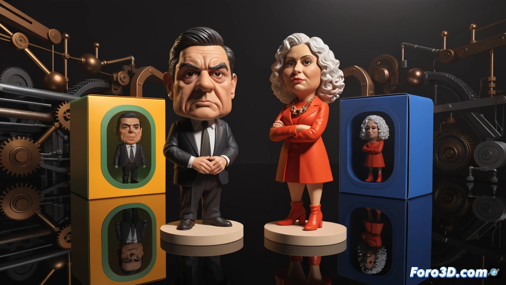 Photorealistic technical illustration of a politician action figure being unboxed on a cluttered desk, plastic blister pack torn open, small-scale protest sign leaning against the box, computer monitor in background displaying graphs of rising poverty rates and corruption indices, mouse cursor hovering over an online shopping cart icon, shallow depth of field focusing on the figure’s painted smile and rigid pose, cinematic lighting with cold blue and warm amber contrast, dust particles floating in beam of desk lamp, ultra-detailed plastic textures and cardboard packaging, engineering visualization style