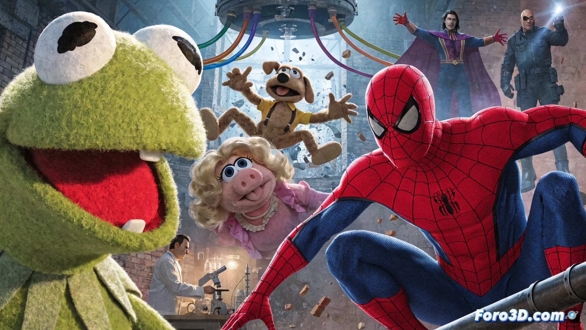 Marvel comic book page creation process, Spider-Man web-slinging across a panel while Kermit the Frog directs a chaotic Muppet stage show behind him, Miss Piggy mid-dramatic pose near a laboratory desk with beakers and scientific equipment, Rowlf the Dog being rescued from a tangle of cables, technical illustration style, bright comic book colors with cinematic shadows, detailed ink lines and halftone dots, Marvel-style dynamic action poses, nostalgic 70s Muppet Show aesthetic mixed with modern superhero rendering, dramatic spotlight lighting, ultra-detailed textures on fabric and fur, photorealistic technical render
