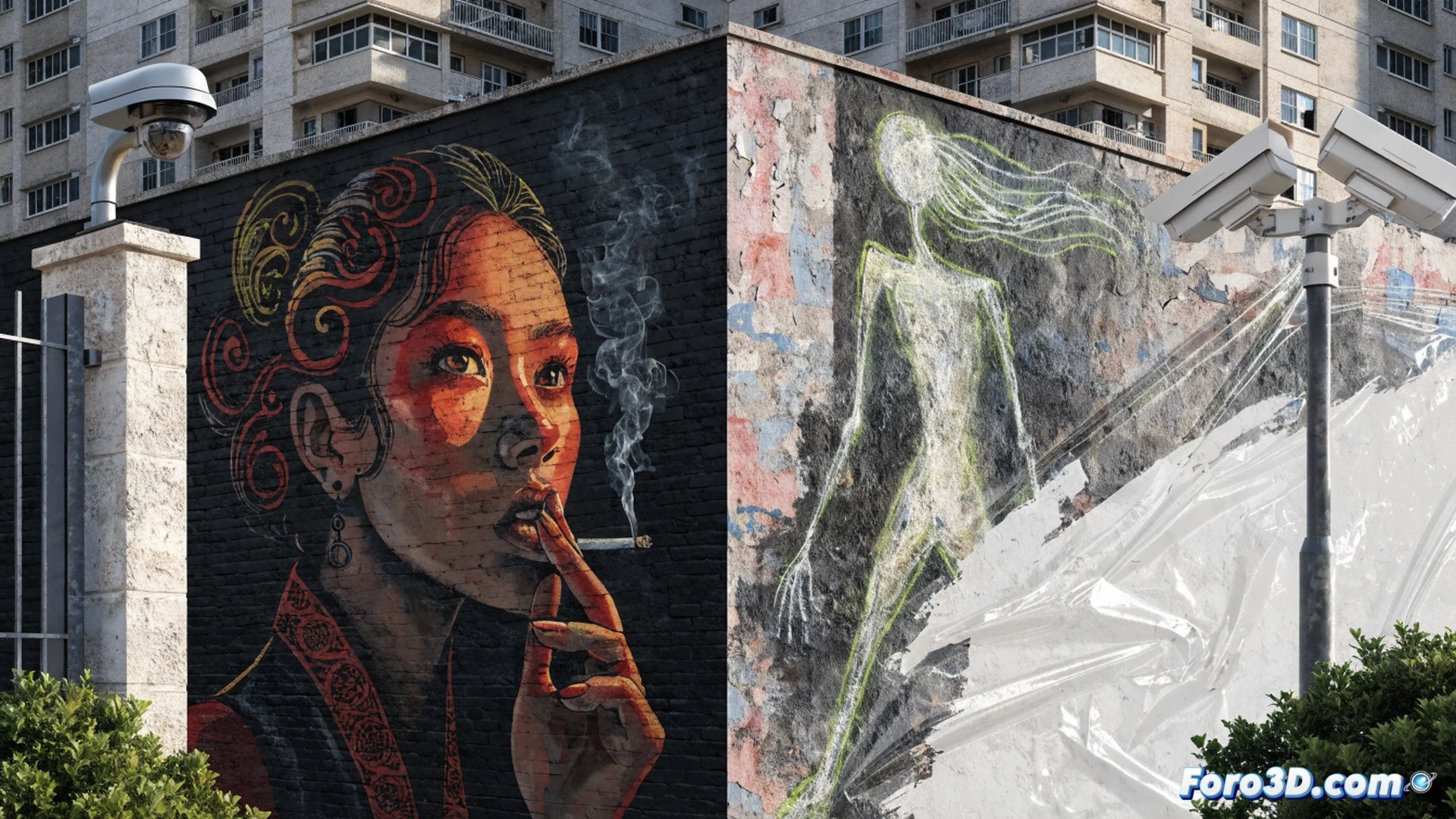 Aerosol artist in Singapore painting a mural of a woman smoking on a brick wall, a security camera directly above monitoring the scene, a city official erasing a chalk drawing on the sidewalk with a pressure washer, neighbors watching from a distance, cinematic photorealistic style, dramatic shadows from harsh midday sun, wet pavement reflecting the mural, spray paint cans on the ground, visible surveillance drone in the sky, ultra-detailed urban textures, tense atmosphere of control and creation