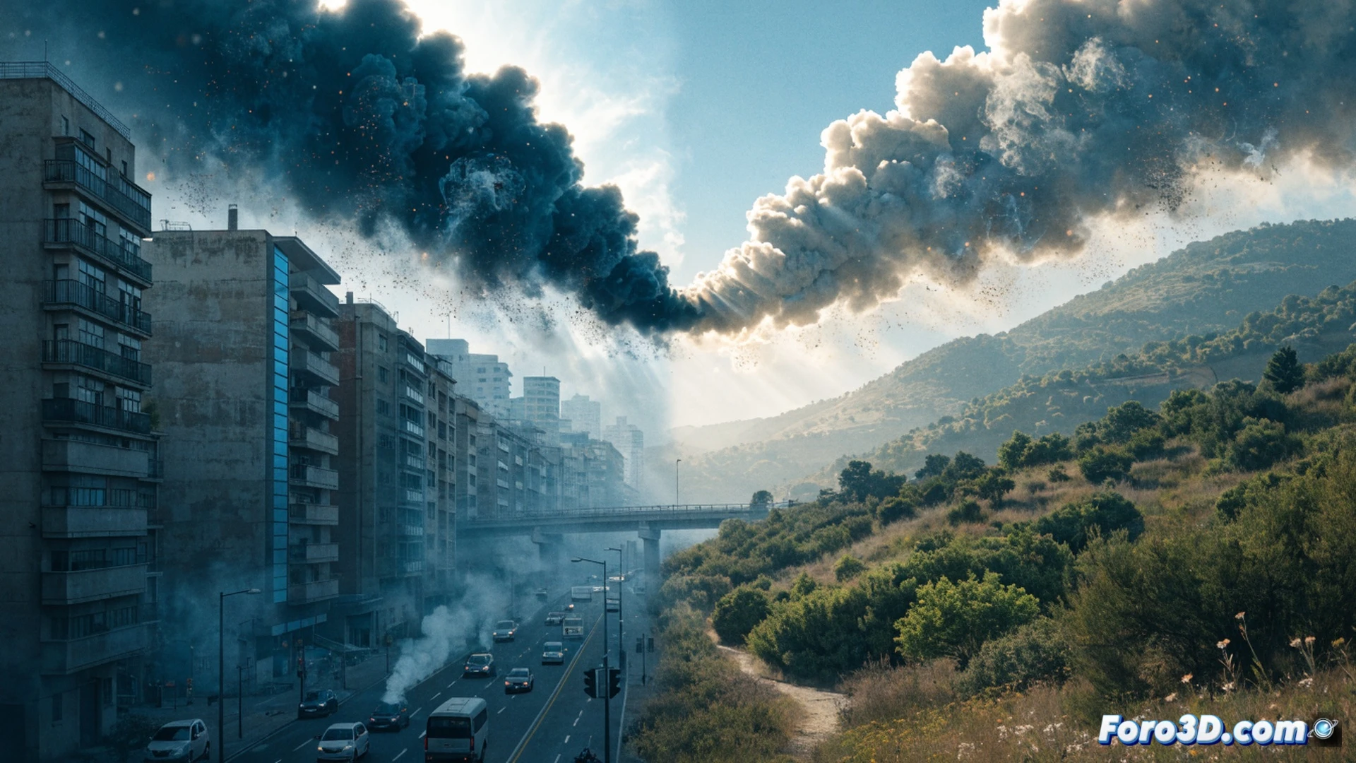 Photorealistic aerial view of Murcia city skyline shrouded in brownish smog layer, ozone molecules glowing orange under intense summer sun, nitrogen dioxide particles clustering near traffic intersections, heatwaves distorting air above industrial chimneys, lungs-shaped data overlay showing 900 premature death markers as red dots across the region, technical environmental visualization style, dramatic sunset lighting through polluted haze, ultra-detailed atmospheric layers, cinematic wide-angle composition, hyperrealistic pollution dispersion patterns