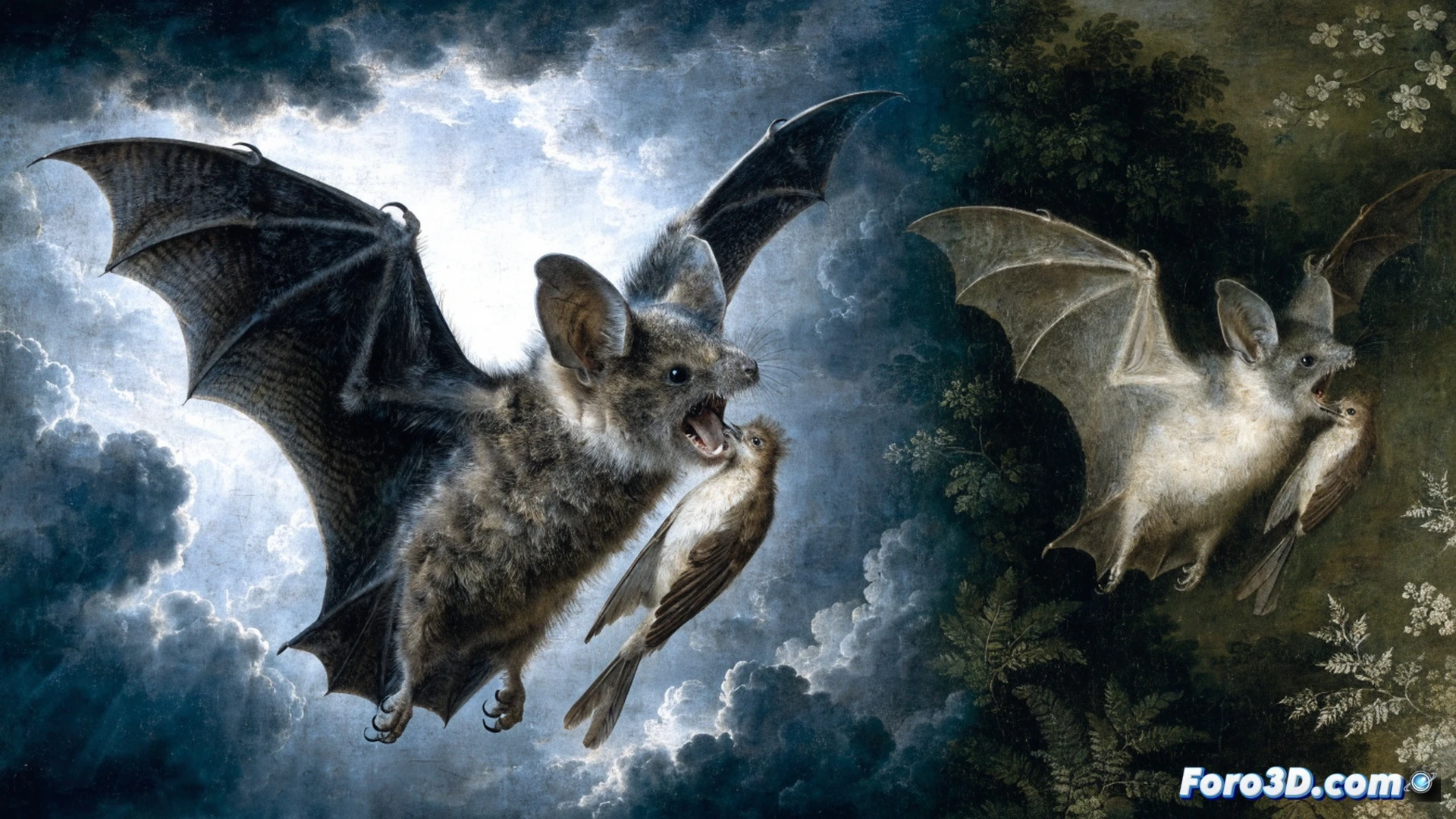 Jan Brueghel el Viejo-style oil painting, a noctule bat with wide wingspan diving mid-air to grab a small bird in flight, bird flapping frantically while bat’s claws close around its tail feathers, painterly brushstrokes, dramatic chiaroscuro lighting, dark stormy sky, 17th-century Flemish palette of ochre and deep green, bird’s beak open in silent alarm, bat’s fur texture visible, swirling clouds adding motion, photorealistic art-historical visualization