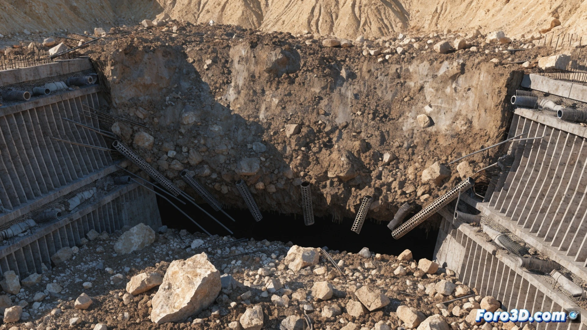 civil engineering scene showing a reinforced concrete buttress wall collapsing due to saturated soil pressure, water gushing from a failed drainage pipe behind the wall, ground cracking and tilting forward, soil debris sliding down, Plaxis 3D simulation interface visible as a semi-transparent overlay with stress contour lines and displacement vectors, ContextCapture 3D mesh geometry of the wall integrated into the scene, photorealistic engineering visualization, dramatic storm lighting, wet concrete textures, mud and water splashes, cinematic technical illustration, ultra-detailed structural failure analysis