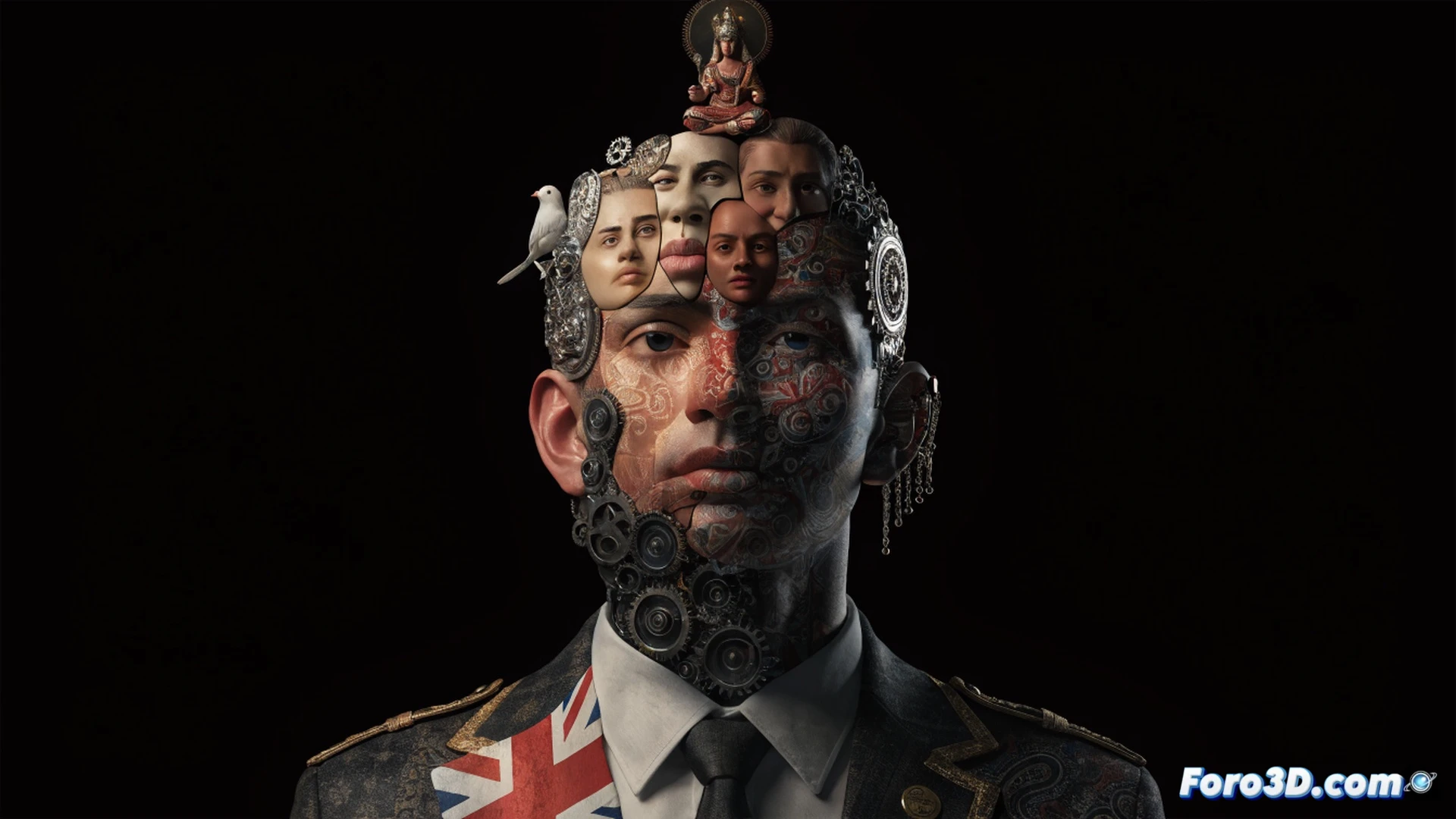 Murugiah standing in front of a large canvas in a sunlit London studio, left hand holding a digital stylus, right hand adjusting a tablet displaying layered vector art, while blending a traditional Sri Lankan kolam pattern with a Union Jack silhouette, paint splatters on the floor, brushes and a graphics tablet on the desk, cinematic photorealistic style, warm golden hour light streaming through tall windows, dramatic shadows, ultra-detailed textures of paint and skin, showing the creative process of cultural fusion in action.
