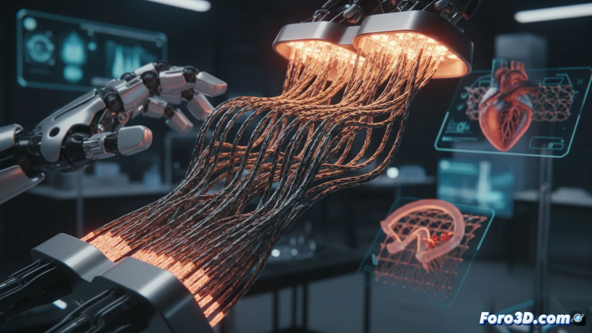 Microscopic 3D printer nozzle extruding ultra-thin hair-like filaments onto a glass substrate, heated stage glowing orange beneath, robotic arm demonstrating controlled bending and contraction of the artificial muscle strand, thermal gradient visible as red-to-blue color mapping along the fiber, engineering visualization style, macro lens perspective, extreme shallow depth of field, metallic printer head with precision stepper motors, clean laboratory environment, soft diffused lighting with dramatic backlight on the curling filament, photorealistic technical illustration, sharp focus on the curling action during heating process