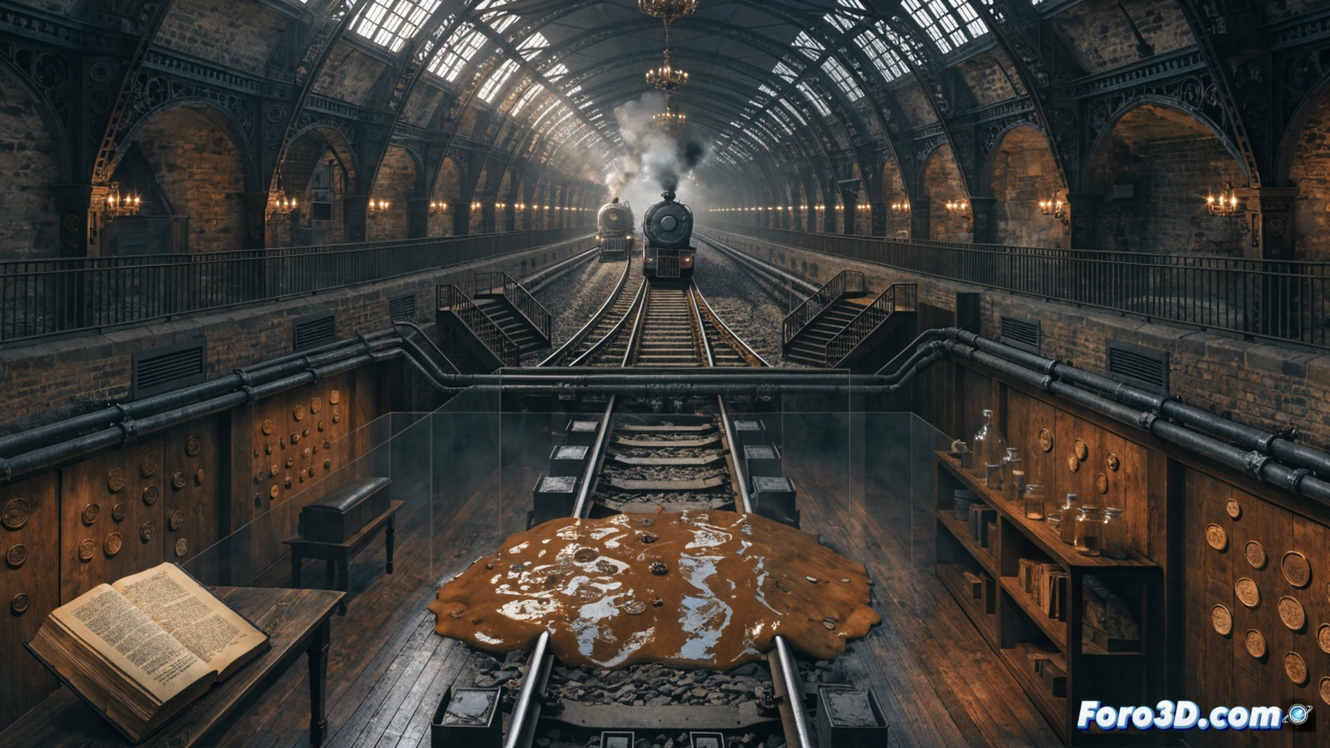 antique locomotive emerging through Victorian brick arch into museum basement gallery, massive grease-encrusted sewer pipe cross-section displayed beside track, historical document fragment under glass case in foreground, digital data streams projected on curved ceiling above visitors walking on cobblestone street, cinematic architectural visualization, dramatic side lighting from train headlamps, industrial iron columns, brass and copper mechanical details, photorealistic museum interior render, steam haze mixing with cool blue data projections