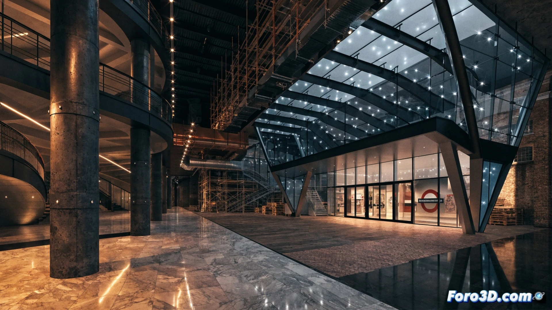 London Transport Museum facade during renovation, construction workers installing a new low-carbon heating system pipe network beneath the entrance floor, visitors walking past transparent barriers into the open gallery space, vintage red double-decker bus suspended from ceiling beams in background, cinematic architectural visualization, warm amber lighting contrasting with cool blue steel scaffolding, photorealistic render with detailed HVAC ductwork and exposed brick walls, motion blur on pedestrian flow, glowing thermal efficiency diagrams projected on temporary walls, ultra-detailed museum interior renovation scene