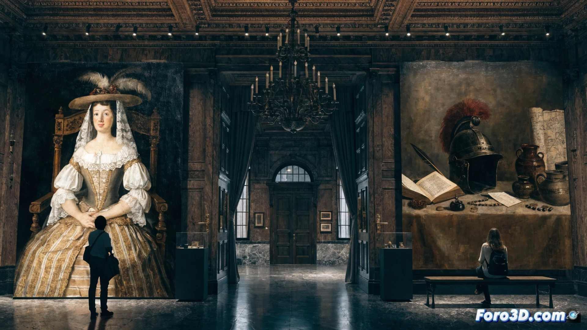 Exposición de 63 pinturas coloniales latinoamericanas en galería del Museo Meadows, curador ajustando foco de luz sobre lienzo barroco del siglo XVIII mientras visitante observa retrato de joven caraqueña de 1763, óleos de Perú y Bolivia colgados en paredes beige, marco dorado reflejando luz cálida, proceso de montaje museográfico con guantes blancos manipulando marco tallado, demostrando diversidad cultural andina y virreinal, estilo cinematográfico ultrarealista, textura de pinceladas antiguas visibles, iluminación dramática de museo, composición simétrica con profundidad de campo.