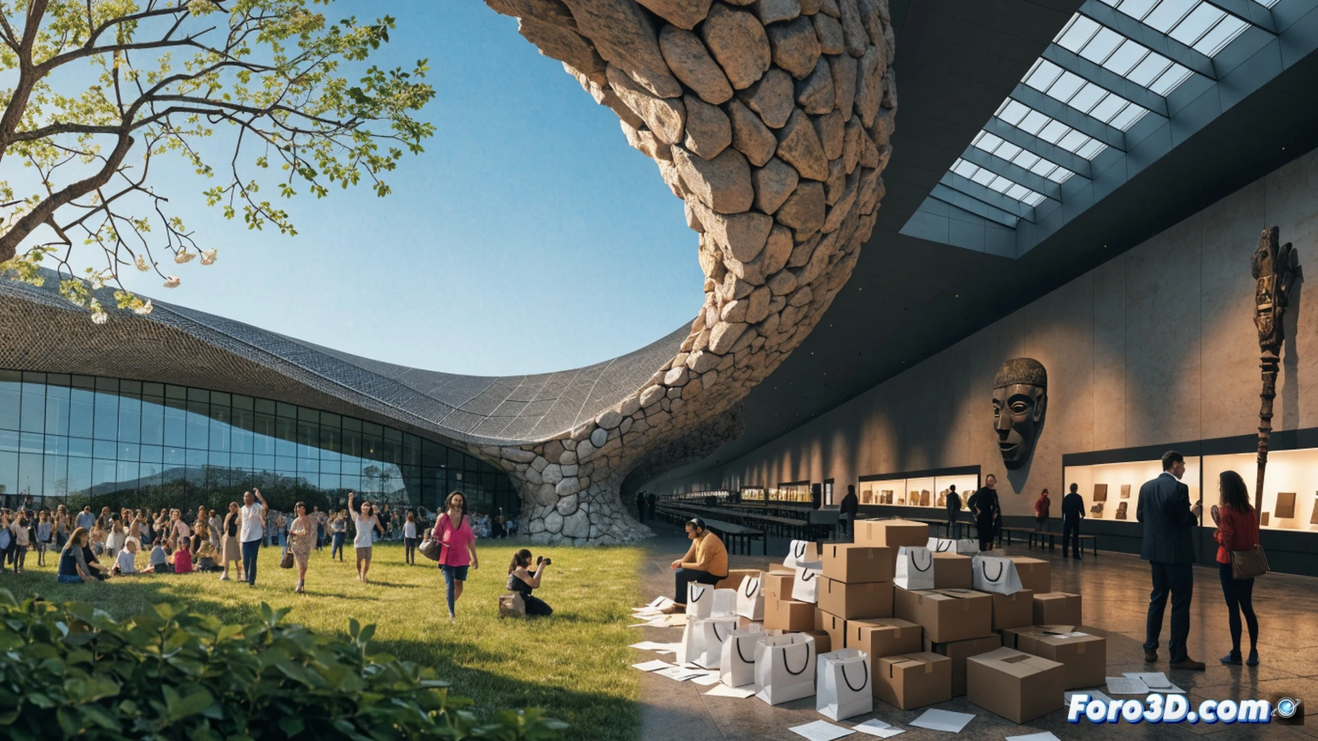 Museo Quai Branly fachada de vidrio y estructura metálica, grietas visibles en paneles de vidrio mientras un técnico revisa un panel de control eléctrico con cables expuestos, durante una reparación de emergencia bajo lluvia ligera, hojas mojadas en el suelo, mostrando contraste entre celebración y deterioro técnico, cinematographic architectural photography, dramatic shadows from spotlights, wet reflective surfaces, photorealistic render, ultra-detailed glass fractures and rusting metal joints, atmospheric Parisian evening lighting