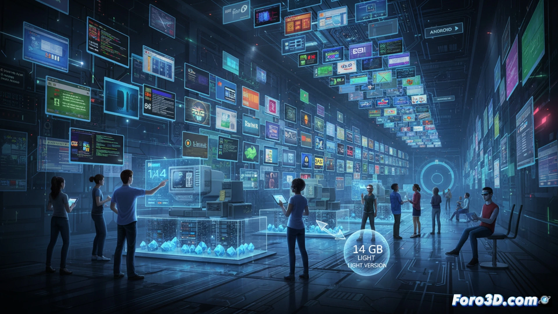 old computer monitors arranged in a timeline showing operating system evolution, a glowing digital archive interface floating above vintage hardware, 1948 display panel at left transitioning to modern tablet at right, cables connecting devices while data streams flow between screens, technical illustration style with blue and warm orange lighting, museum exhibition atmosphere, polished concrete floor reflecting screens, detailed keyboard and mouse on desk, holographic labels hovering near each system, photorealistic engineering visualization, dramatic spotlight highlighting the oldest monitor, subtle particle effects suggesting data transfer, clean geometric composition