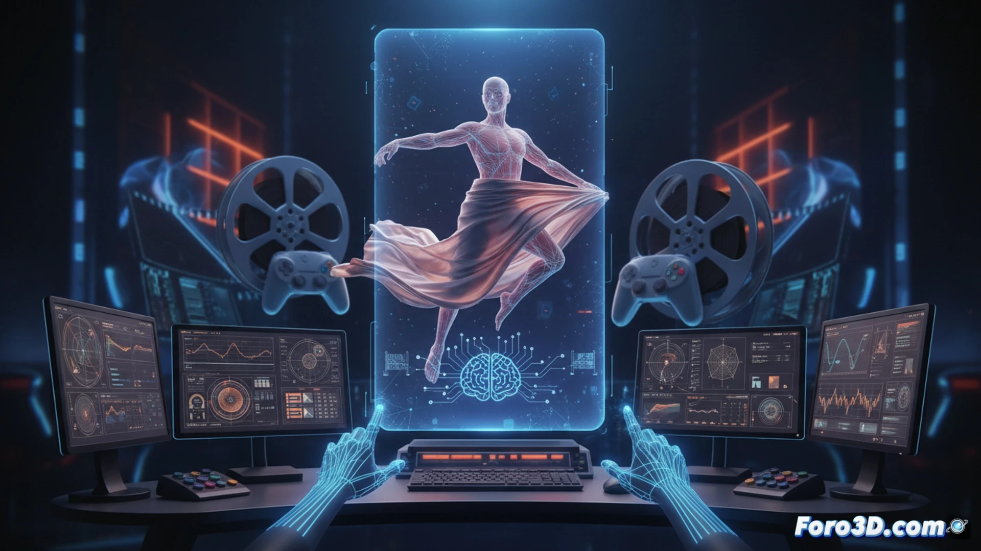 Ilustración de Mush3D 3.0: personaje 3D con simulador de tejidos blandos y entrenador de poses para animaciones realistas en cine y videojuegos.