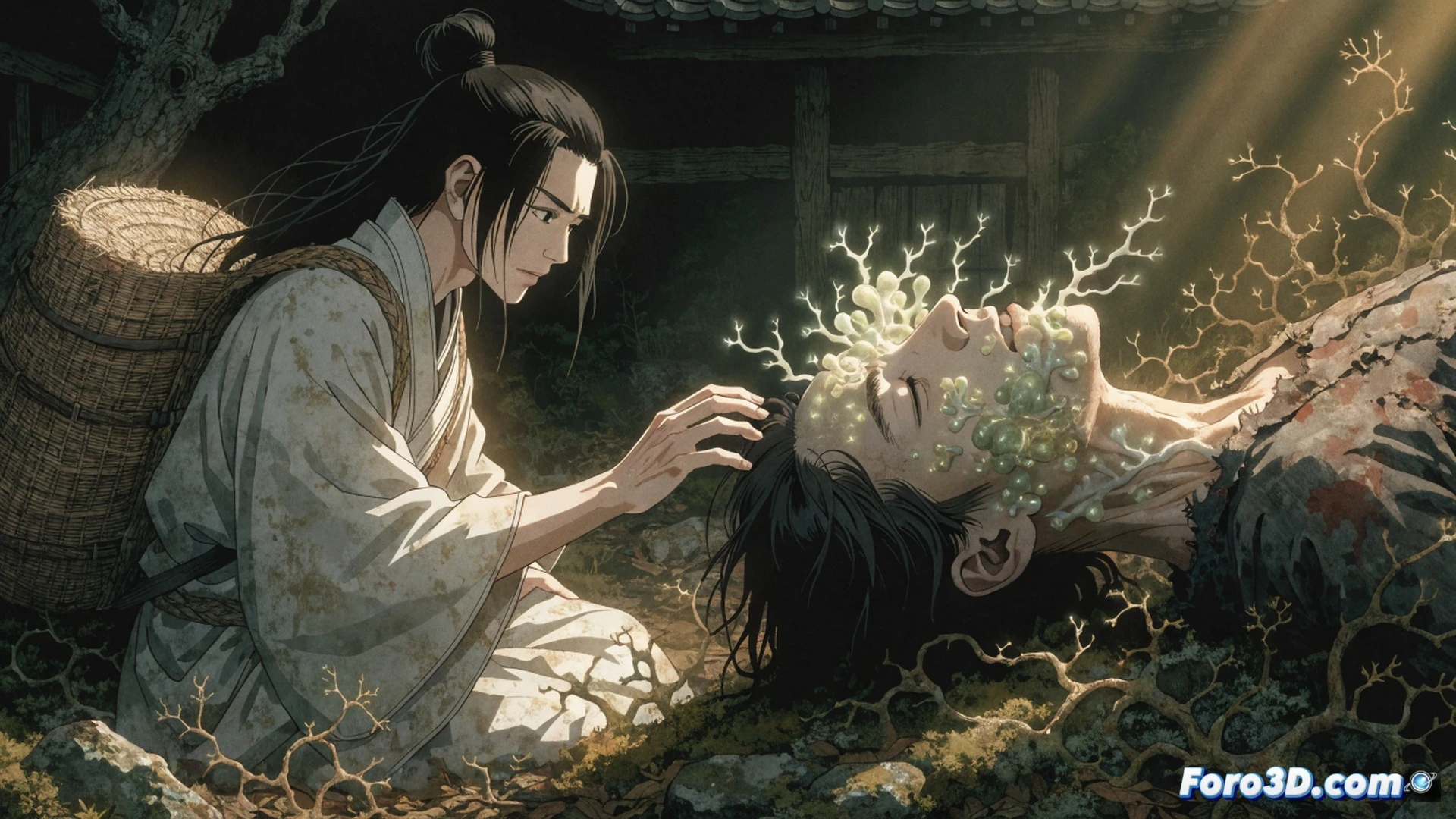 Ethereal forest at twilight, a lone Mushishi master kneeling beside a patient with a faint silver glow emanating from their chest, translucent Mushi organisms floating like bioluminescent spores in the air, the master holding a small glass vial with glowing liquid while carefully examining a diagnostic scroll spread on mossy ground, soft mist weaving between ancient tree roots, cinematic anime-style visualization, muted greens and deep blues, delicate light particles drifting, subtle lens flare from firefly-like Mushi, photorealistic painterly render, hyper-detailed botanical textures, peaceful yet mysterious atmosphere