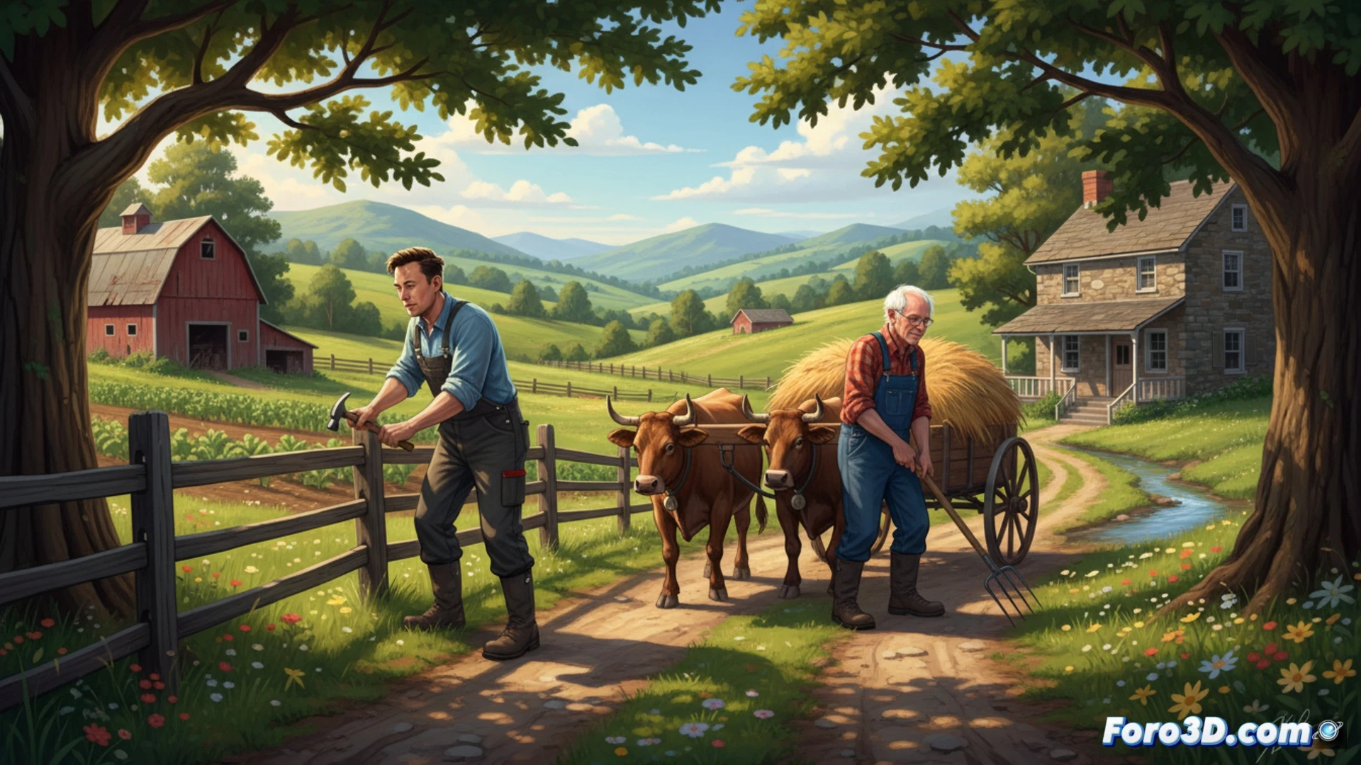 Un campo verde en Vermont, dos hombres rústicos ordeñando vacas junto a un granero de madera, sin tecnología ni símbolos políticos.