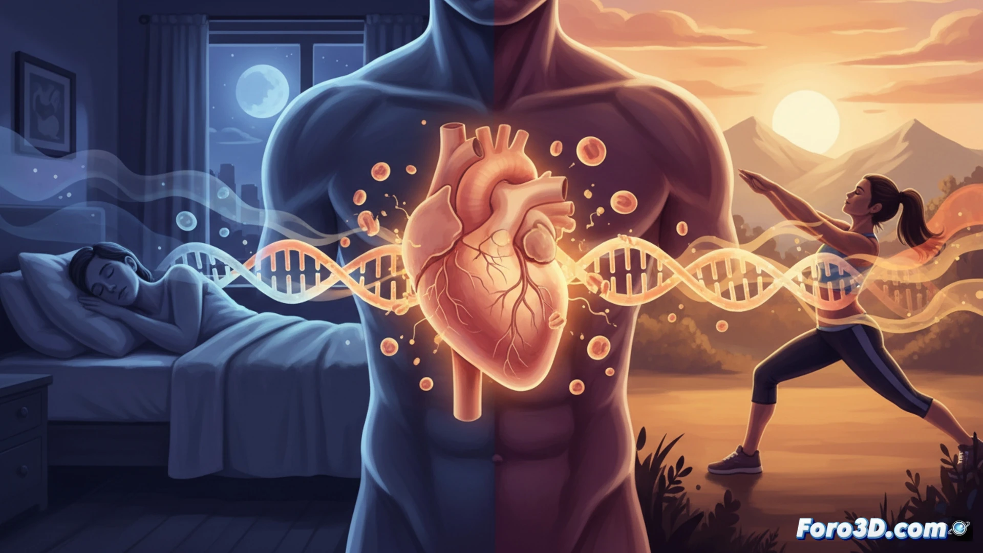 human heart anatomy cross-section during cardiovascular exercise, mutated immune cells shown as glowing red spheres accumulating in arterial walls while healthy cells in blue flow freely, treadmill with heart rate monitor displaying elevated pulse, dumbbells and yoga mat in background, DNA helix strands unraveling near the heart muscle, inflammation markers depicted as orange sparks fading under exercise impact, technical medical illustration style, photorealistic render, soft clinical lighting, detailed cellular structures, smooth motion blur on treadmill belt, clean white background with subtle gradient