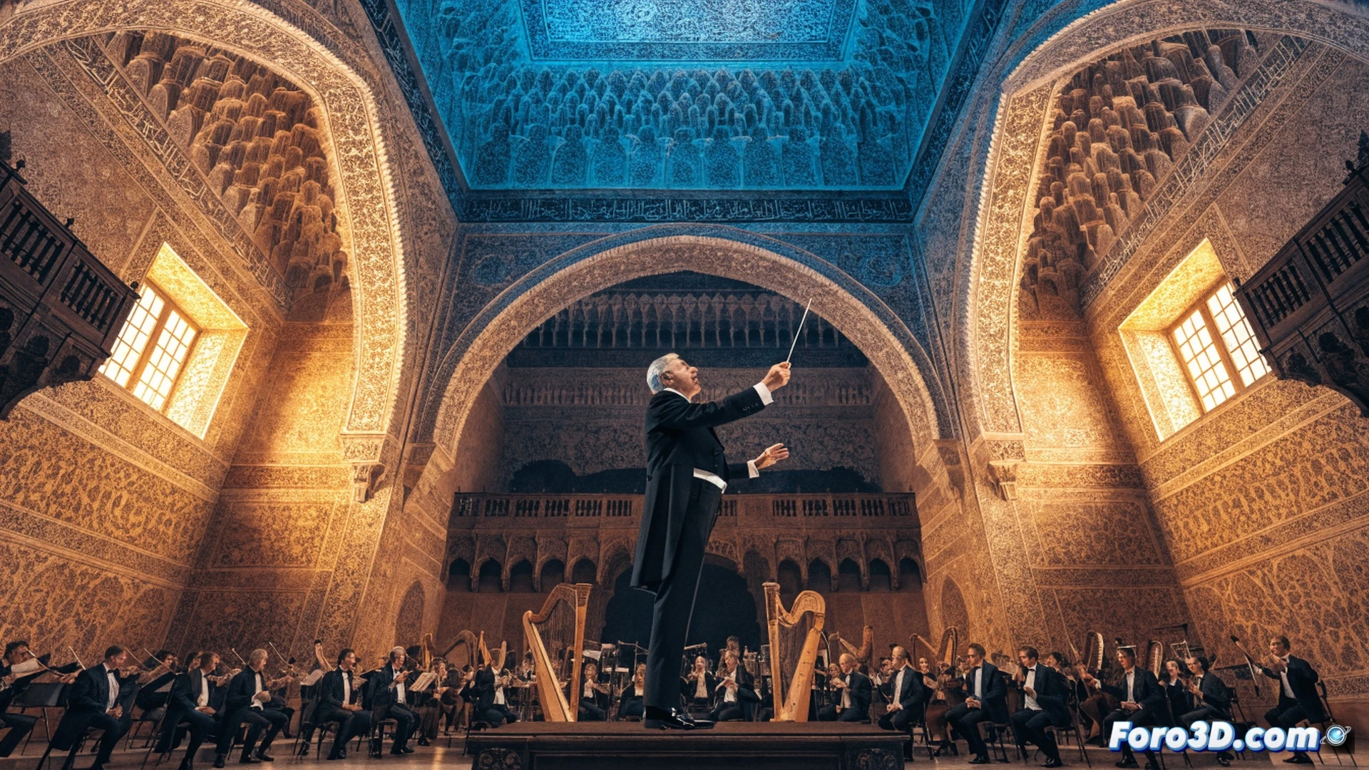 maestro Riccardo Muti dirigiendo una orquesta sinfónica al atardecer en el Patio de los Arrayanes de la Alhambra, partitura de Verdi abierta en un atril iluminado, violines en primer plano mientras arcos rozan cuerdas, reflejos dorados del agua de la alberca sobre instrumentos de madera, luces de escenario cálidas contrastando con el cielo violeta, torres nazaríes al fondo, fotorealismo cinematográfico con profundidad de campo, partituras de Falla y Ravel visibles en otros atriles, sudor en la frente del director durante un pasaje intenso