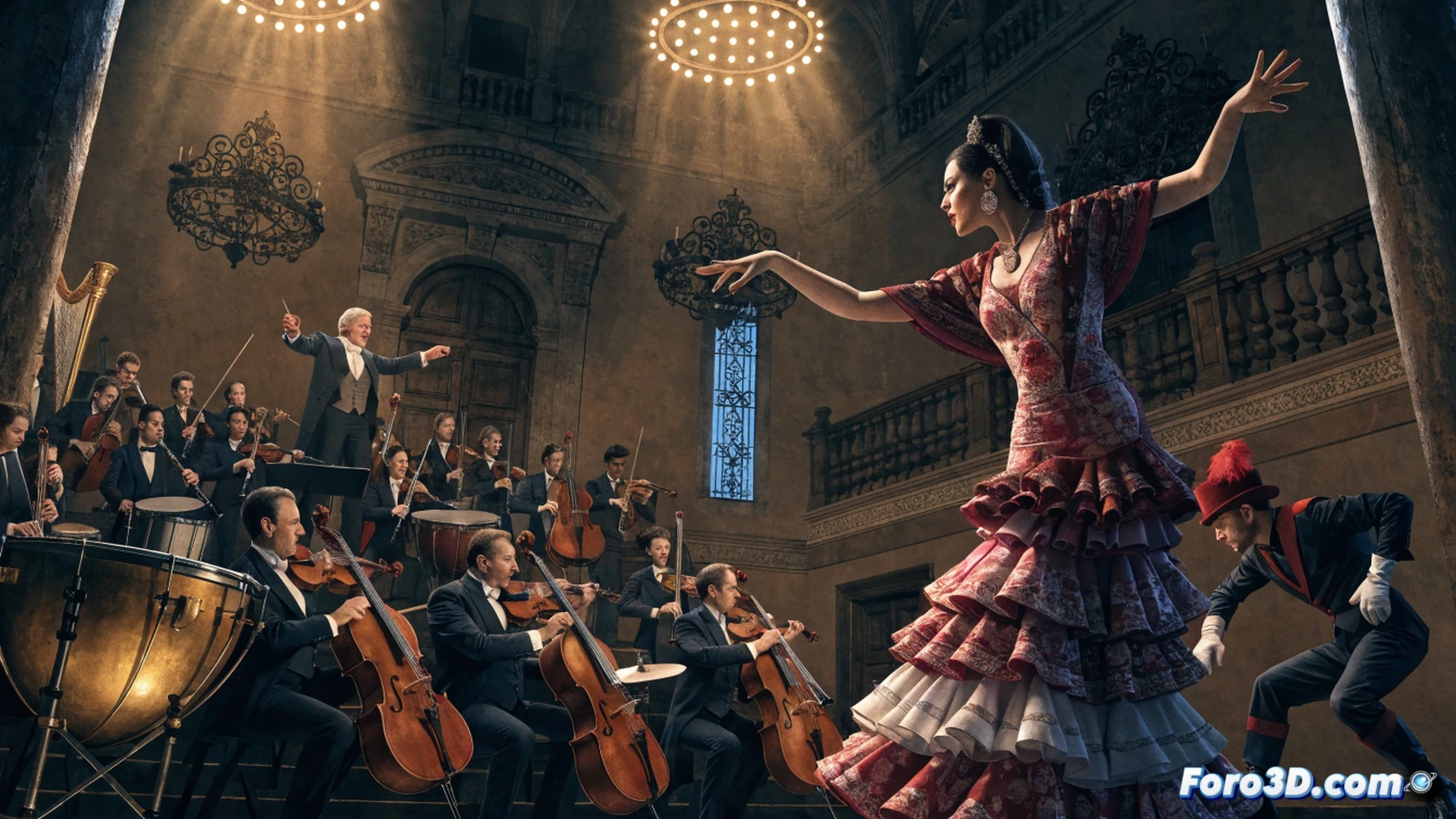 Riccardo Muti conducting the Cherubini orchestra in a grand Andalusian concert hall, young musicians playing demanding dance symphonies, violin bows moving in precise unison during a farruca passage, conductor's hands shaping expressive dynamics while sheet music rests on wooden stands, warm stage lighting illuminating polished instruments and formal black attire, cinematic photorealistic style, dramatic shadows cast on ornate walls, intense focus on musicians' disciplined duende, technical precision visible in finger placements and bow angles