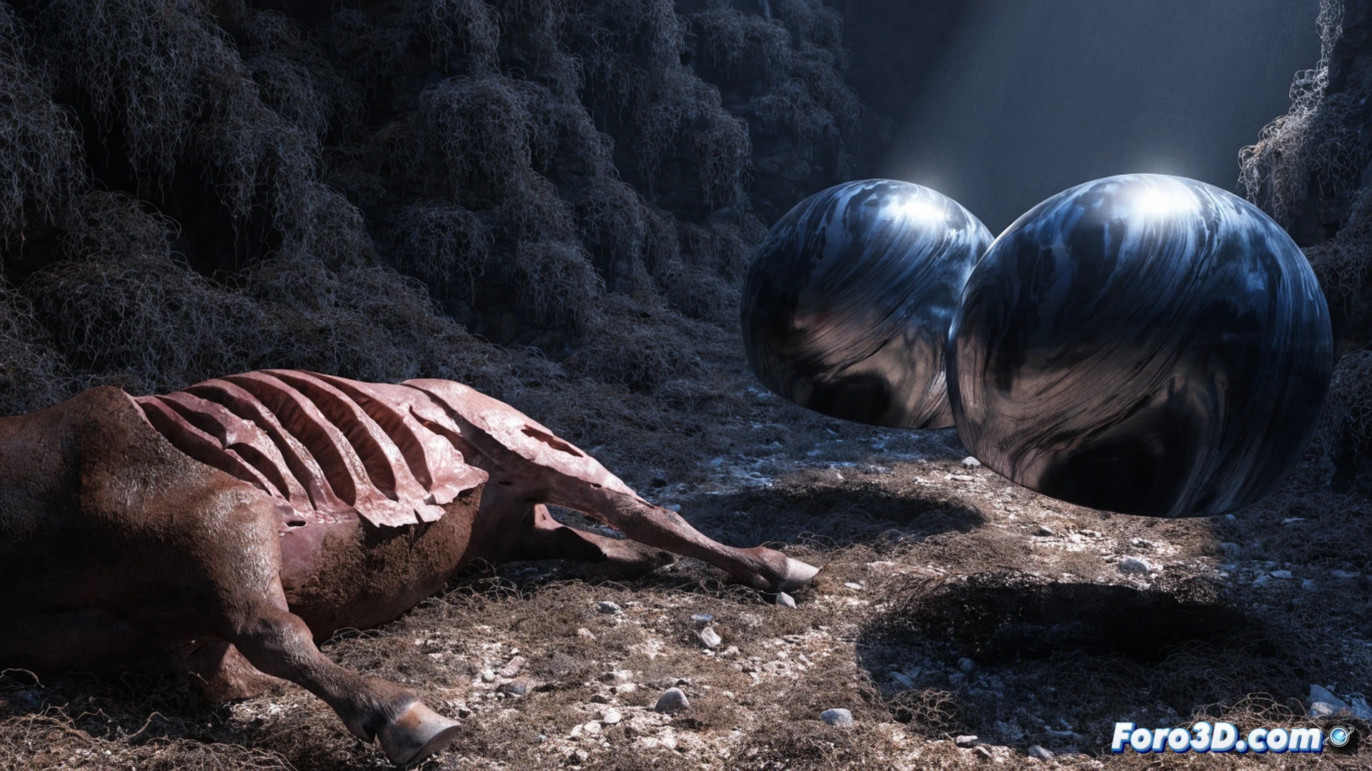 Aerial view of a moonlit pasture at midnight, a cow lying motionless with a precise surgical incision on its abdomen, no blood pool visible, a triangular metallic craft hovering silently above emitting a faint blue beam of light scanning the ground, forensic investigators in hazmat suits nearby using UV lights and measuring tools, hoof prints leading nowhere, cinematic photorealistic technical illustration, ultra-detailed grass blades and animal hide texture, dramatic low-key lighting, eerie calm atmosphere, glowing beam highlighting the wound, night vision color palette, high contrast shadows