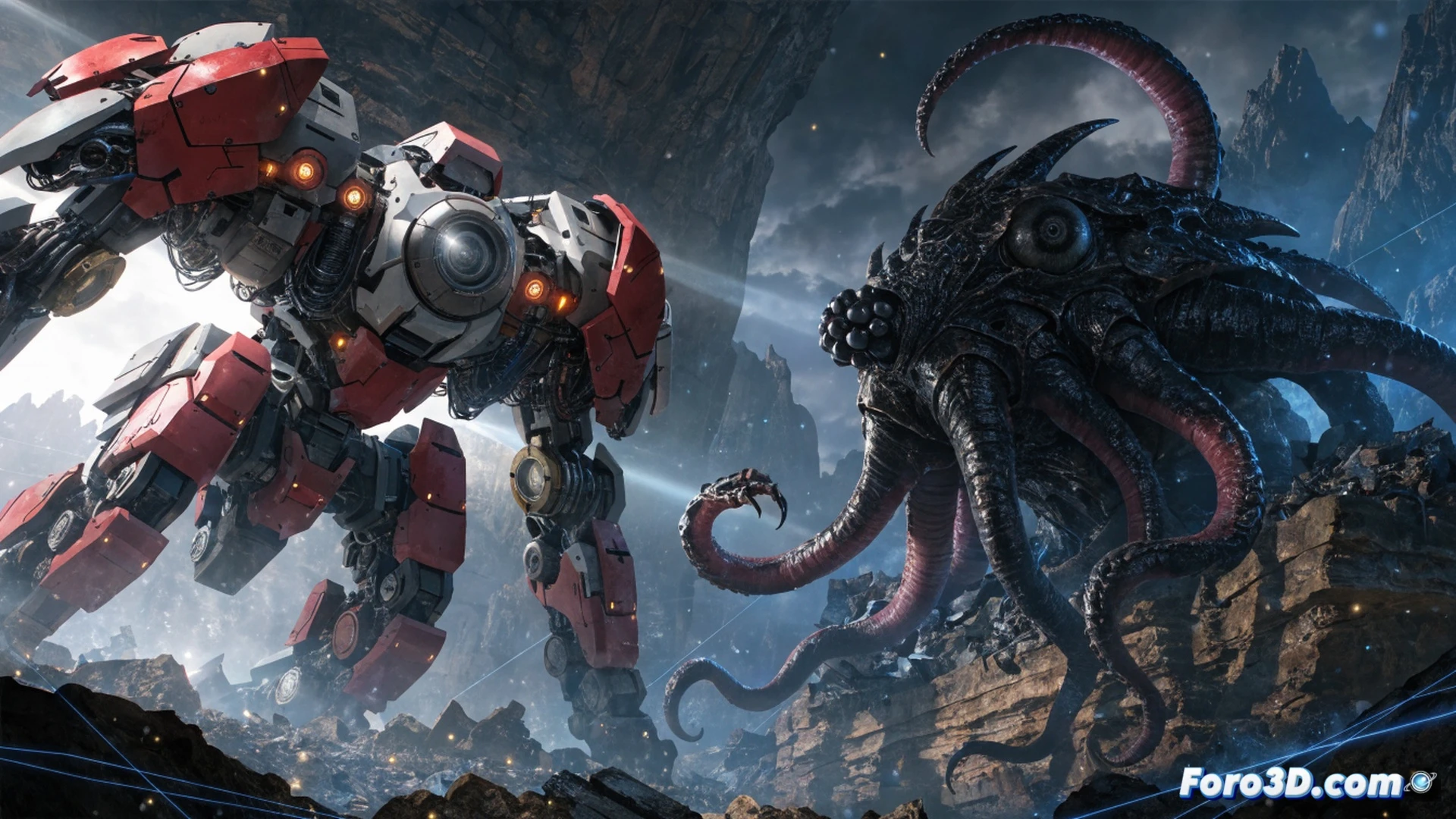 Mecha táctico humanoide disparando un cañón de riel contra un enjambre de alienígenas insectoides, líneas de mira y trayectorias balísticas resaltadas en rojo, interfaz táctica holográfica mostrando formación de escuadra y cobertura de terreno, ruinas urbanas humeantes bajo un cielo tormentoso, estilo cinematográfico realista, iluminación dramática con destellos de explosiones, detalles metálicos desgastados en el mecha, motas de polvo y escombros suspendidos durante la acción, profundidad de campo enfocando el cañón humeante, render técnico fotorrealista