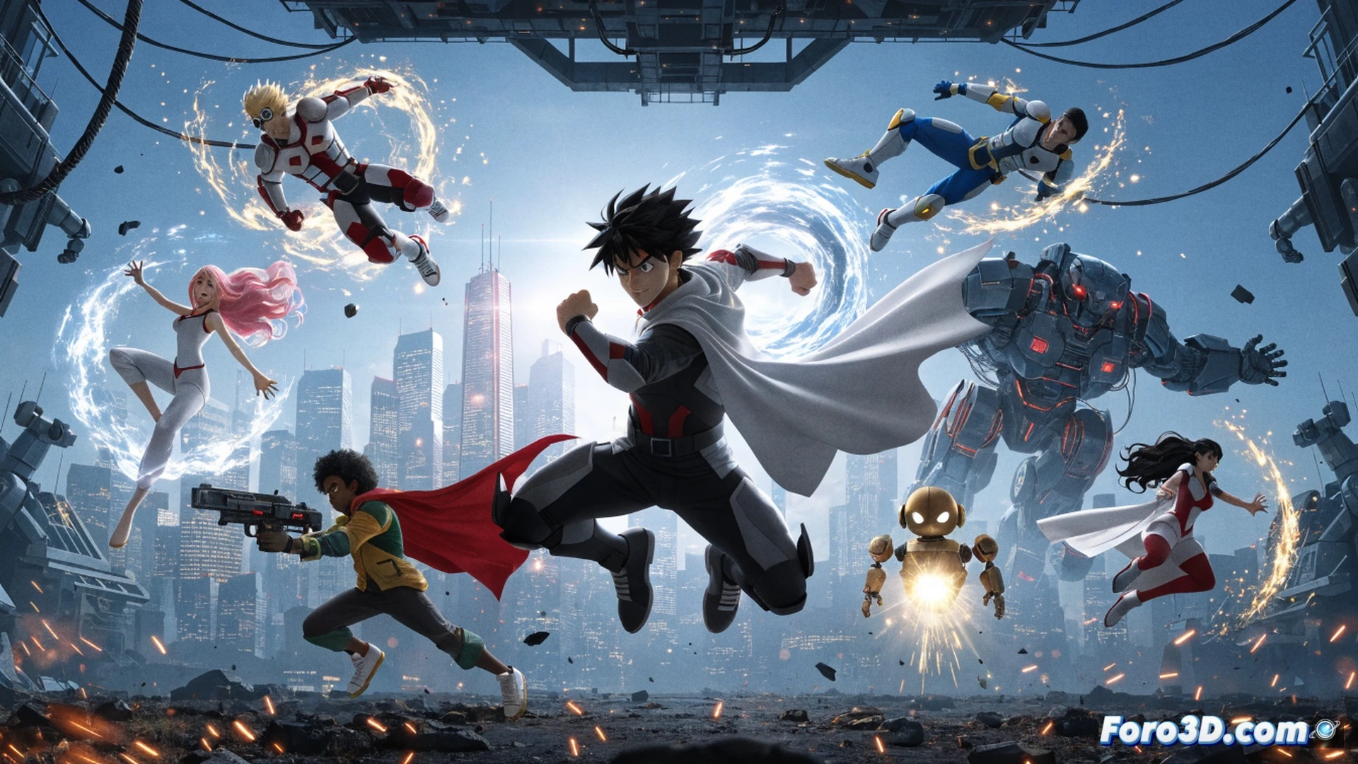 anime-style battle scene inside a Nintendo Switch 2 console, glowing handheld screen displaying Deku using full cowling Green Lightning against a villain, console Joy-Con controllers detached and floating mid-air with energy trails, blue and red neon effects around the console body, technical components like cooling vents and circuit board patterns visible through translucent shell, dynamic action pose with sparks and impact particles, cinematic gaming hardware visualization, dramatic side lighting, ultra-detailed plastic and metal textures, photorealistic product render mixed with anime aesthetic