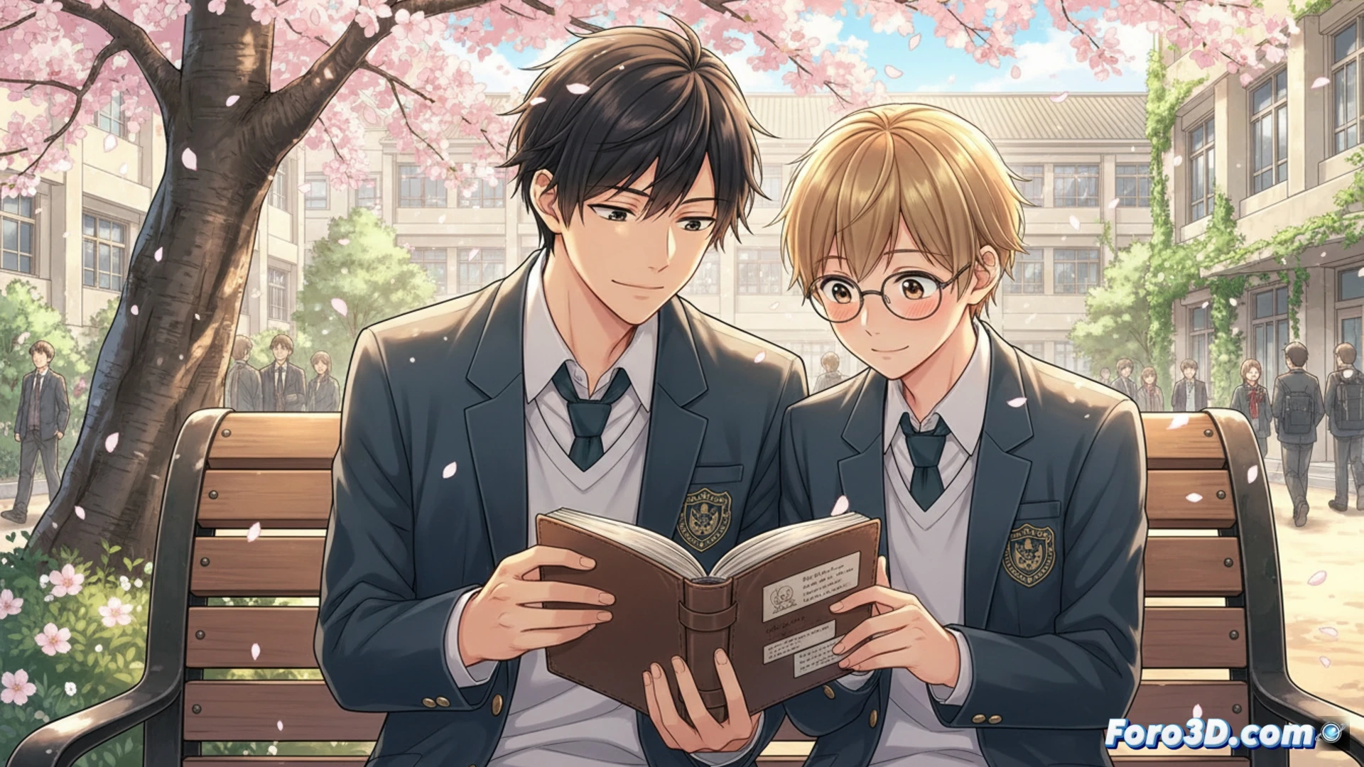 two high school boys sitting at a low wooden table in a sunlit classroom after school, one holding a fountain pen and writing in a shared notebook while the other leans close to read, fingers touching the page edge, soft dust motes floating in warm golden light, anime style with delicate linework and pastel shading, romantic youthful atmosphere, visible ink strokes and paper texture, empty desks in background, gentle shadows across faces, cinematic composition with shallow depth of field, emotional vulnerability shown through body language