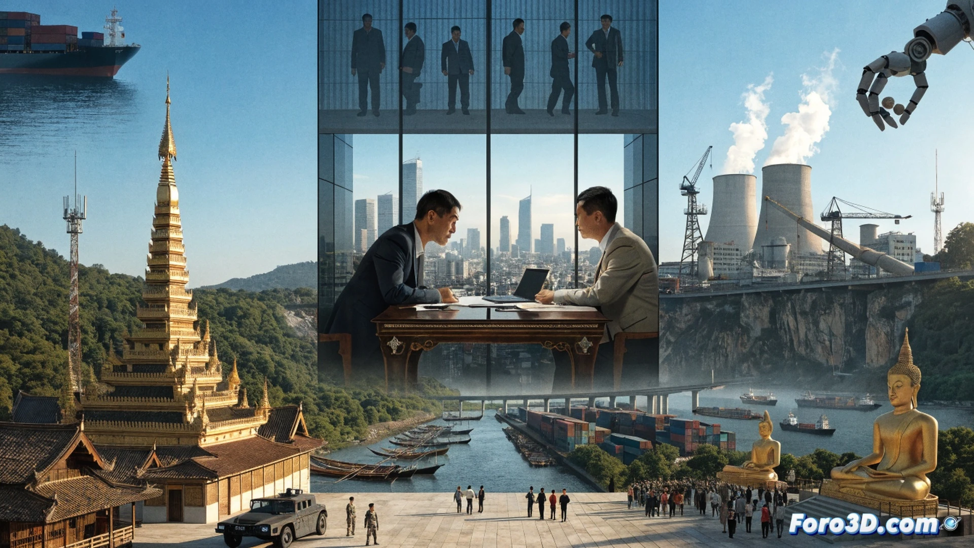 Myanmar military leader shaking hands with Chinese officials in a high-tech trade negotiation room, holographic economic data screens displaying supply chain flows and commodity prices, stacks of cargo containers and shipping routes visible through glass walls, Chinese engineers presenting industrial machinery prototypes on a digital table, photorealistic cinematic visualization, cool blue and gold lighting, polished concrete floors, subtle smoke from incense burner in corner, tense diplomatic atmosphere, ultra-detailed facial expressions, technical illustration style with precise architectural lines
