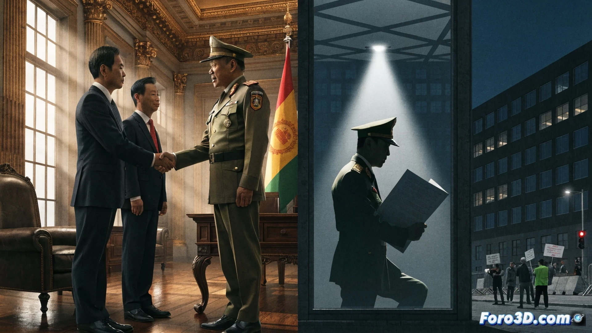 myanmar military general shaking hands with chinese diplomat in beijing meeting room, a pipeline infrastructure map being displayed on a holographic screen between them, while a protestor silhouette is digitally erased from a second screen in the background, photorealistic technical illustration, cinematic lighting, polished mahogany table reflecting the hologram, brass nameplates with no text, security cameras watching the scene, cold blue and warm amber contrast, hyper-detailed fabric textures on uniforms, diplomatic handshake with visible tension in fingers, engineering visualization style