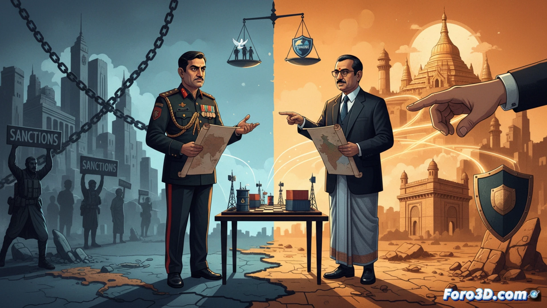 Myanmar military delegation shaking hands with Indian diplomats in a high-security meeting room, a large map of Myanmar-India border on the wall showing strategic trade routes and pipelines, a laptop displaying a trade agreement document with sanctions logos crossed out, photorealistic cinematic visualization, dramatic shadows from venetian blinds, polished wooden table, stern facial expressions, soft overhead spotlight contrasting with dark suits, ultra-detailed fabric textures, geopolitical tension atmosphere