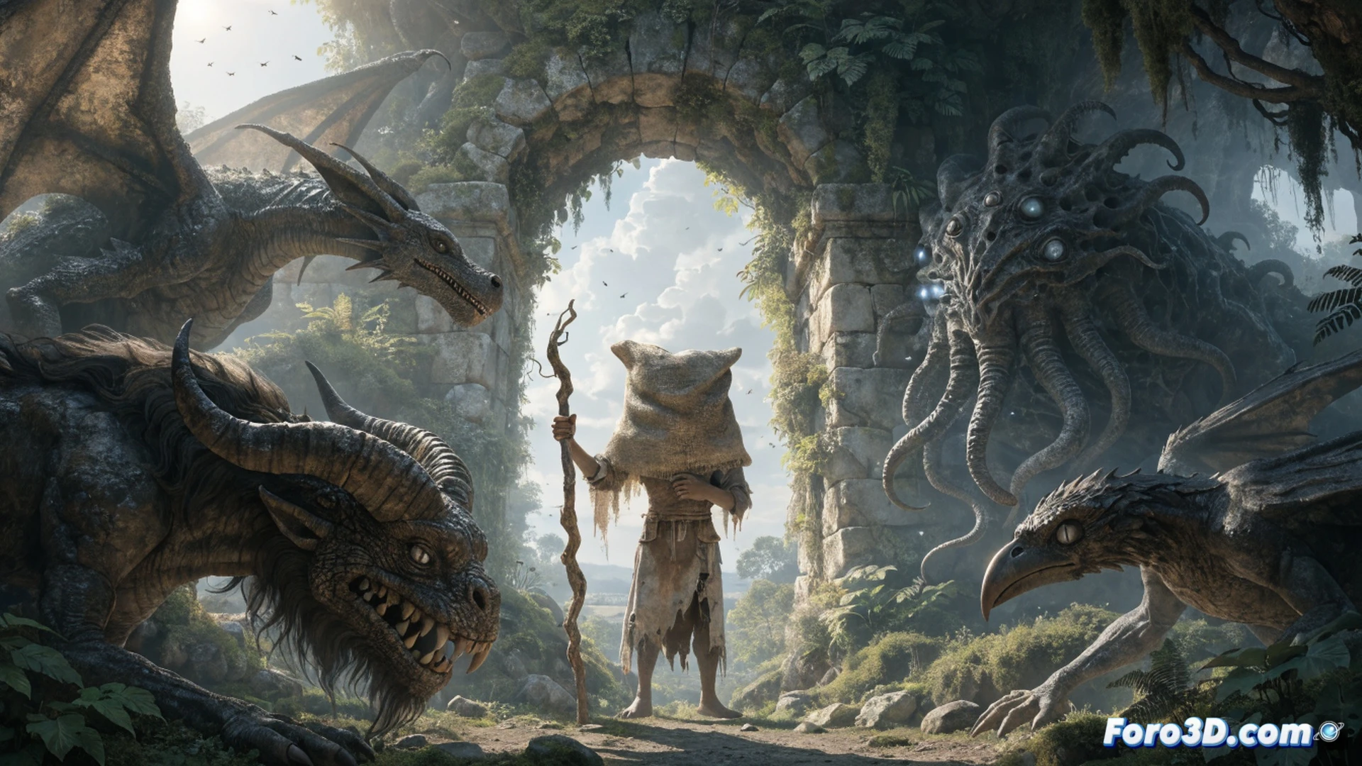 A gothic castle courtyard in misty twilight, a hooded figure from the Santa Compaña procession approaches a glowing laptop on a stone pedestal, screen displaying the Mythic Love game interface with branching romance paths and a pixel-art hombre del saco, while spectral wolves and a tricornio-wearing guard frame the scene, steam sale charts floating as holographic data overlays, dramatic moonlight casting long shadows, cinematic photorealistic render, ultra-detailed medieval textures, glowing UI elements, mystical blue and amber lighting, action of digital conquest merging with folklore, technical illustration style with visible game controller and USB cable draped over ancient stone