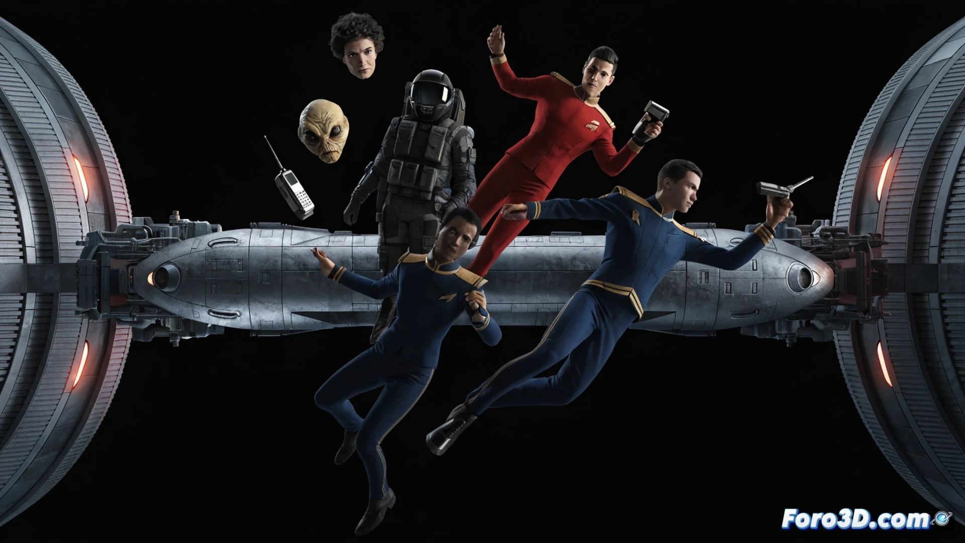 close-up of a Star Trek action figure being assembled on a collector workbench, a human hand attaching an interchangeable head to a uniformed body, a tricorder and communicator accessory placed nearby, holographic display showing exploded view of figure components, photorealistic technical illustration, brushed metal and plastic textures, soft LED worklight casting shadows, dust motes in beam, hyperdetailed joints and painted insignia, cinematic collector scene