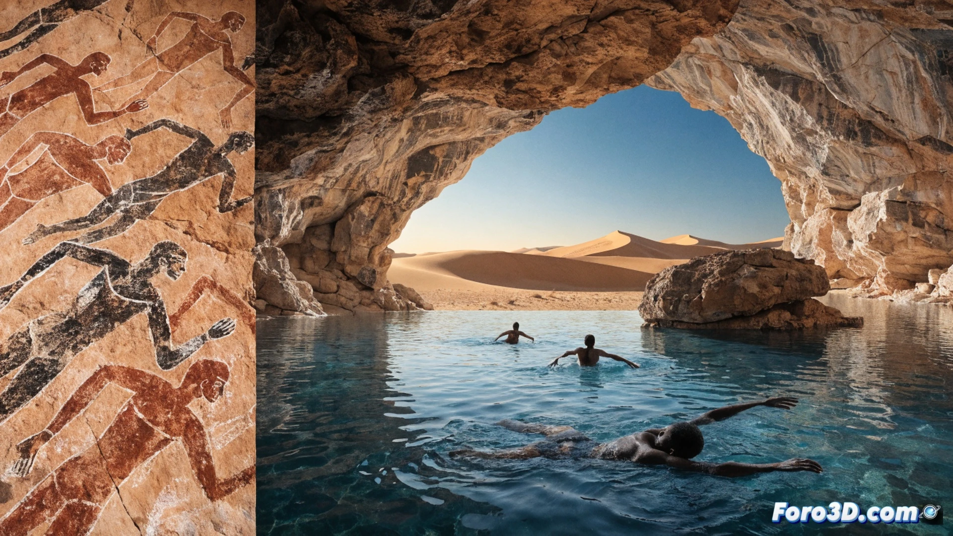 Ancient cave painting scene inside Egyptian desert cave, human figures swimming with outstretched arms in ochre pigment on rough stone wall, sunlight beam entering through narrow cave opening illuminating painted figures, dry cracked cave floor with scattered charcoal fragments, archaeological tools nearby including brush and magnifying glass, sand grains floating in light beam, dramatic contrast between dark cave interior and bright desert outside, cinematic documentary style, warm earthy tones, photorealistic texture of ancient rock surface, ultra-detailed stone grain and pigment cracks, natural atmospheric lighting