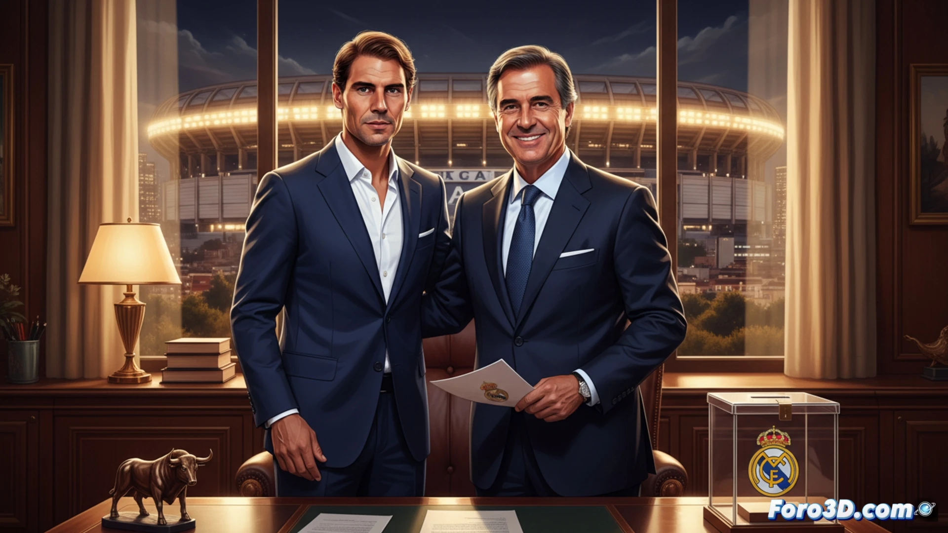 Rafael Nadal en una sala de juntas minimalista, levantando una mano abierta hacia una pantalla digital que muestra el escudo del Real Madrid y un gráfico de crecimiento estable, junto a un ordenador portátil abierto con datos de gestión, al fondo una urna de votación transparente con papeletas, Nadal sonríe con confianza mientras un joven ejecutivo observa desde la distancia, estilo cinematográfico fotorrealista, iluminación suave de estudio, tonos blancos y azul marino, texturas metálicas en muebles, profundidad de campo nítida