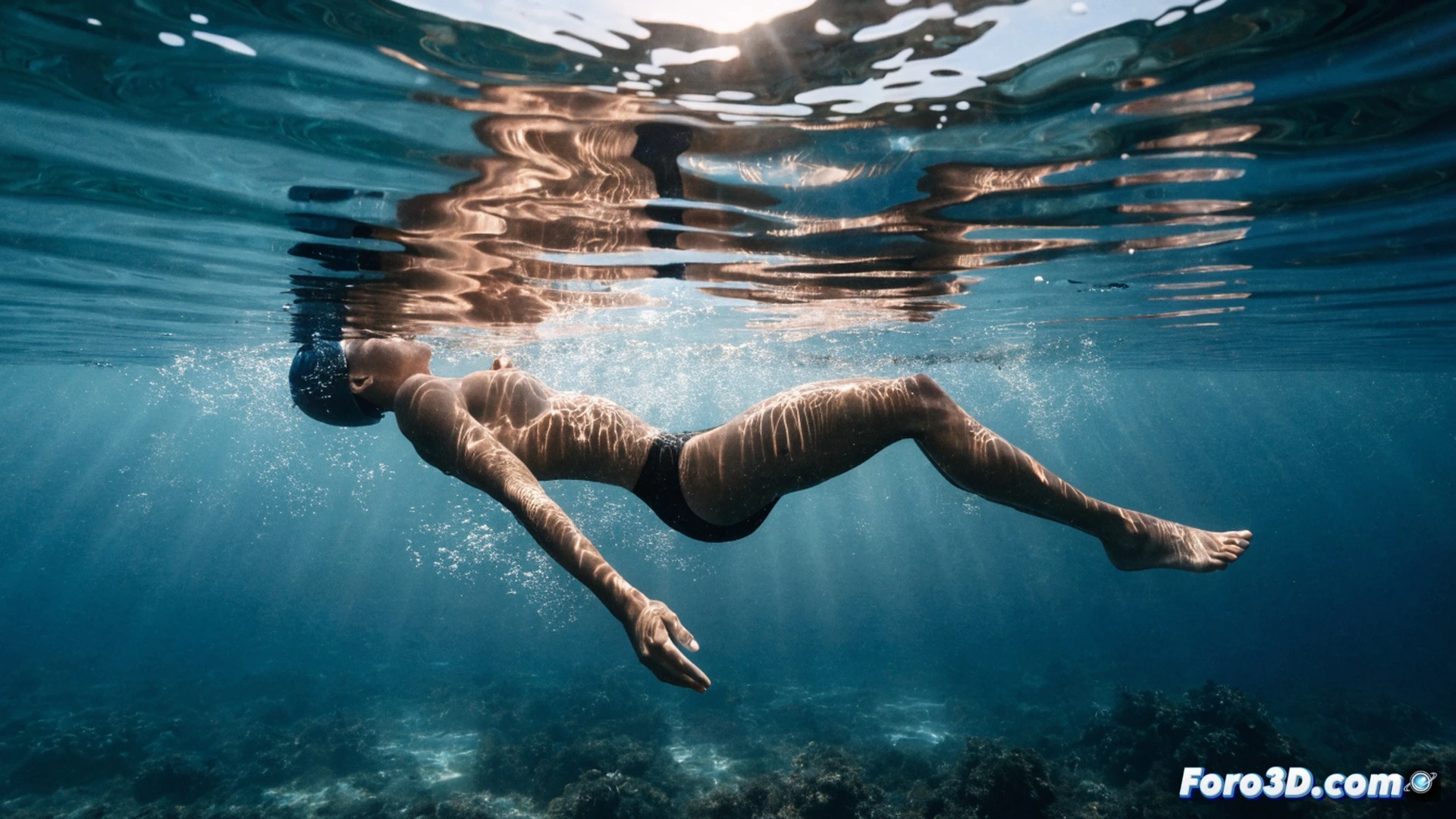 Persona flotando boca arriba en una piscina de agua cristalina, columna vertebral alineada en posición neutra, brazos extendidos en movimiento de rotación durante la brazada de espalda, burbujas ascendiendo desde los dedos, superficie del agua reflejando luz natural, fondo de azulejos técnicos, diagrama de fuerzas de flotación reduciendo presión sobre vértebras, estilo cinematic photorealistic, iluminación subacuática suave, sombras dinámicas, representación anatómica precisa, ambiente acuático sereno y técnico