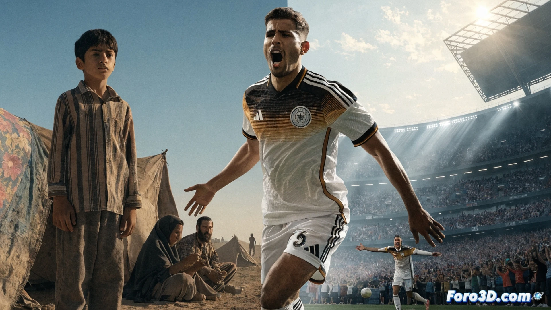 Nadiem Amiri celebrando un gol en un estadio mundialista, balón en el aire impactando la red, fondo borroso de aficionados afganos y alemanes ondeando banderas, luz de focos creando sombras dramáticas, brazos extendidos mientras corre, camiseta sudada, césped mojado con marcas de tacle, estilo cinematográfico fotorealista, ángulo bajo mostrando determinación facial, emoción pura, textura de césped y piel realista, iluminación de estadio nocturno, ultra detallado.