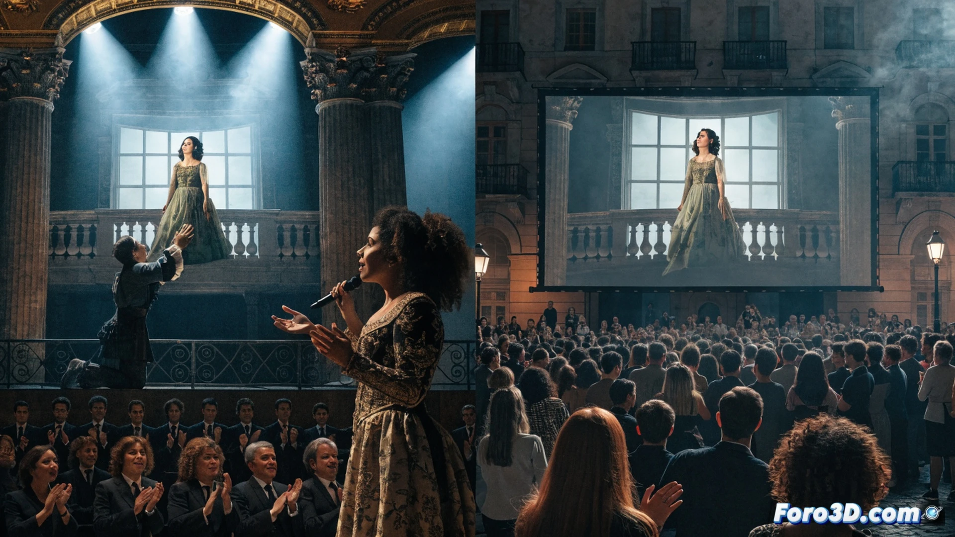 soprano Nadine Sierra cantando en el escenario del Teatro Real, cámara de retransmisión en vivo con brazo robótico enfocando su rostro, señal de video fluyendo hacia pantallas gigantes al aire libre en una plaza abarrotada de 40.000 personas, ingenieros de sonido ajustando consolas digitales y micrófonos de condensador, luces de escenario cálidas contrastando con el atardecer urbano, cinematic photorealistic rendering, acción de transmisión en directo mostrando la conexión entre el teatro y la audiencia masiva, atmosfera emotiva, colores vibrantes y sombras dramáticas, estilo documental técnico