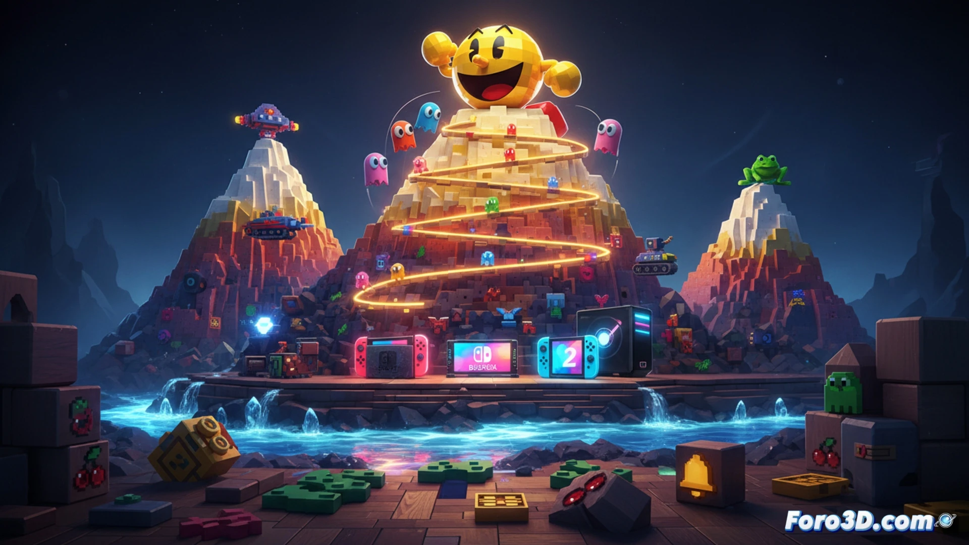isometric puzzle game scene, Pac-Man character navigating a neon-lit 3D labyrinth mountain, Dig Dug digging through a rocky slope while Mappy jumps across floating fruit platforms, retro arcade grid patterns on the terrain, glowing yellow pellets and power-ups scattered along the path, wireframe polygons revealing the 3D engine structure, cinematic technical illustration, vibrant 80s arcade color palette, dynamic camera angle showing the layered mountain elevation, soft volumetric fog between the peaks, detailed pixel-art textures blended with modern rendering, high-contrast lighting emphasizing depth and geometry