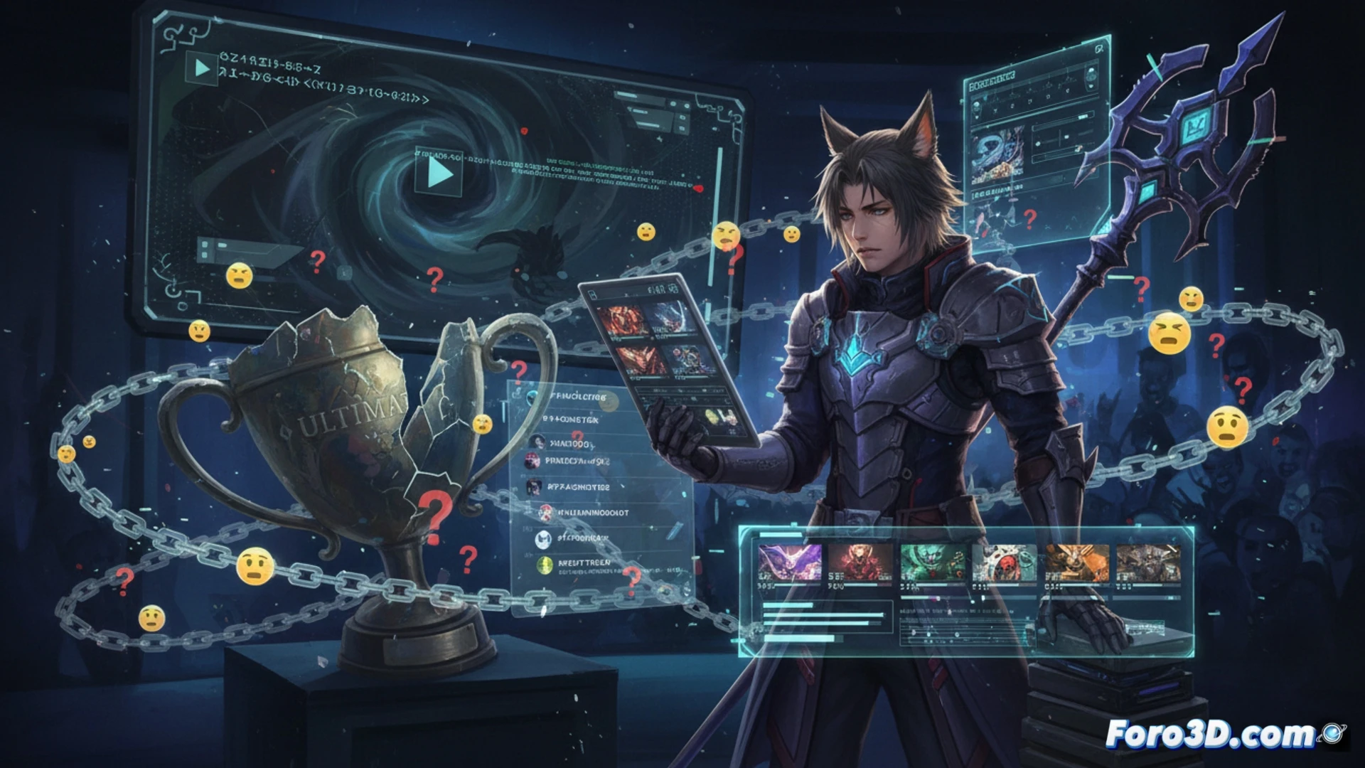 cinematic scene of a darkened gaming room, a monitor displaying a Final Fantasy 14 raid boss defeated, a keyboard with glowing keys, a webcam covered with a black sticker, a gaming headset unplugged, a stack of recorded video files on a secondary screen showing timestamps, a single trophy on the desk, shadows cast by a lone desk lamp, photorealistic technical illustration, dramatic low-key lighting, high contrast, ultra-detailed textures on peripherals, motion blur on a cooling fan, dust particles in light beam