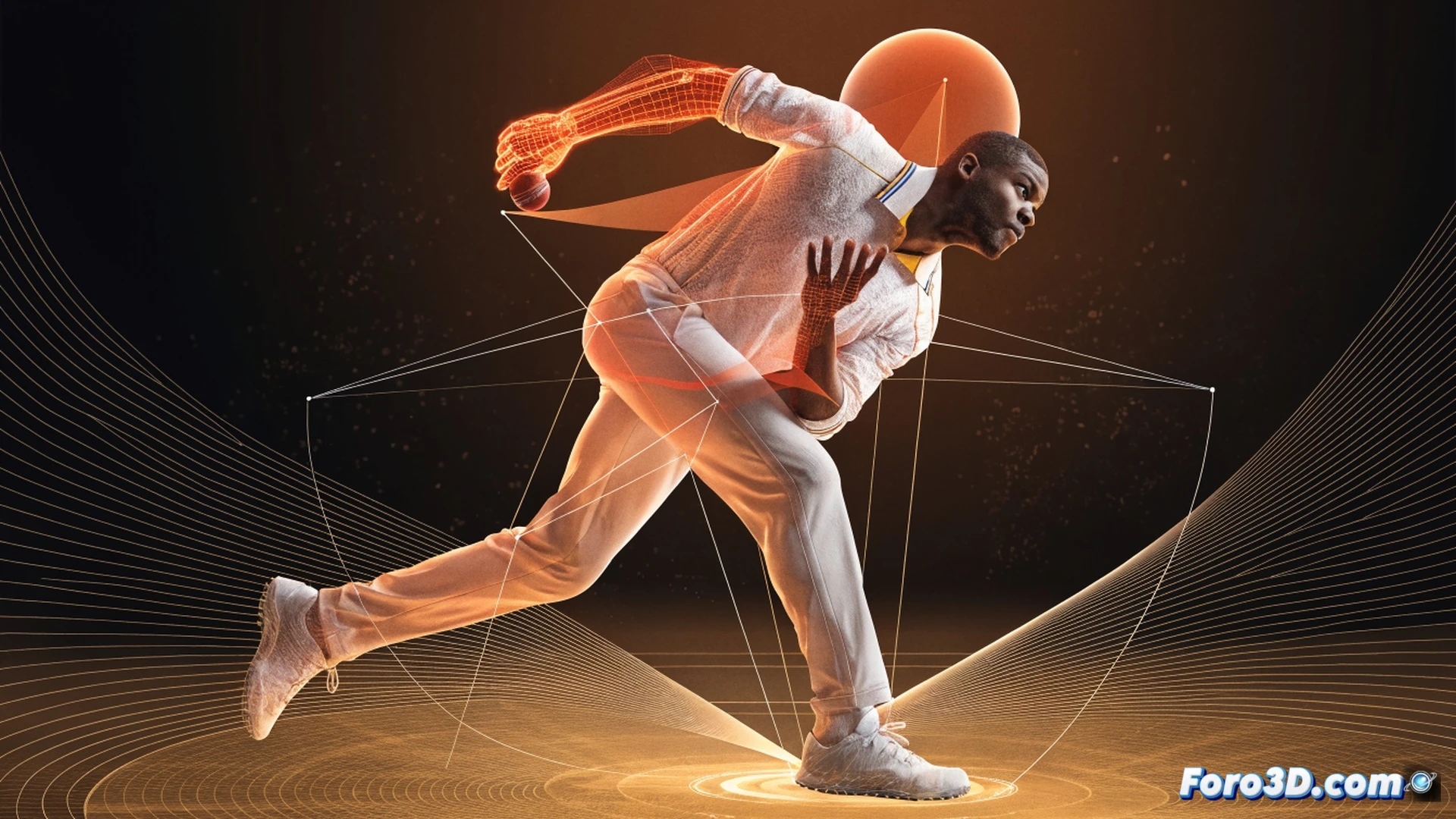 Left-arm fast bowler in mid-delivery stride on a cricket pitch, right foot landing, torso twisted, left arm whipping forward like a spring, ball leaving fingertips at extreme angle, stumps behind batter shattered into three flying pieces, motion blur on ball trajectory, translucent 3D wireframe overlay showing release angle and arm rotation axis, glowing red speed vector arrow from hand to broken stumps, kinematic lines tracing shoulder and hip rotation, photorealistic sports biomechanics visualization, dramatic stadium floodlighting, ultra-detailed muscle definition, cinematic slow-motion capture aesthetic, technical engineering render