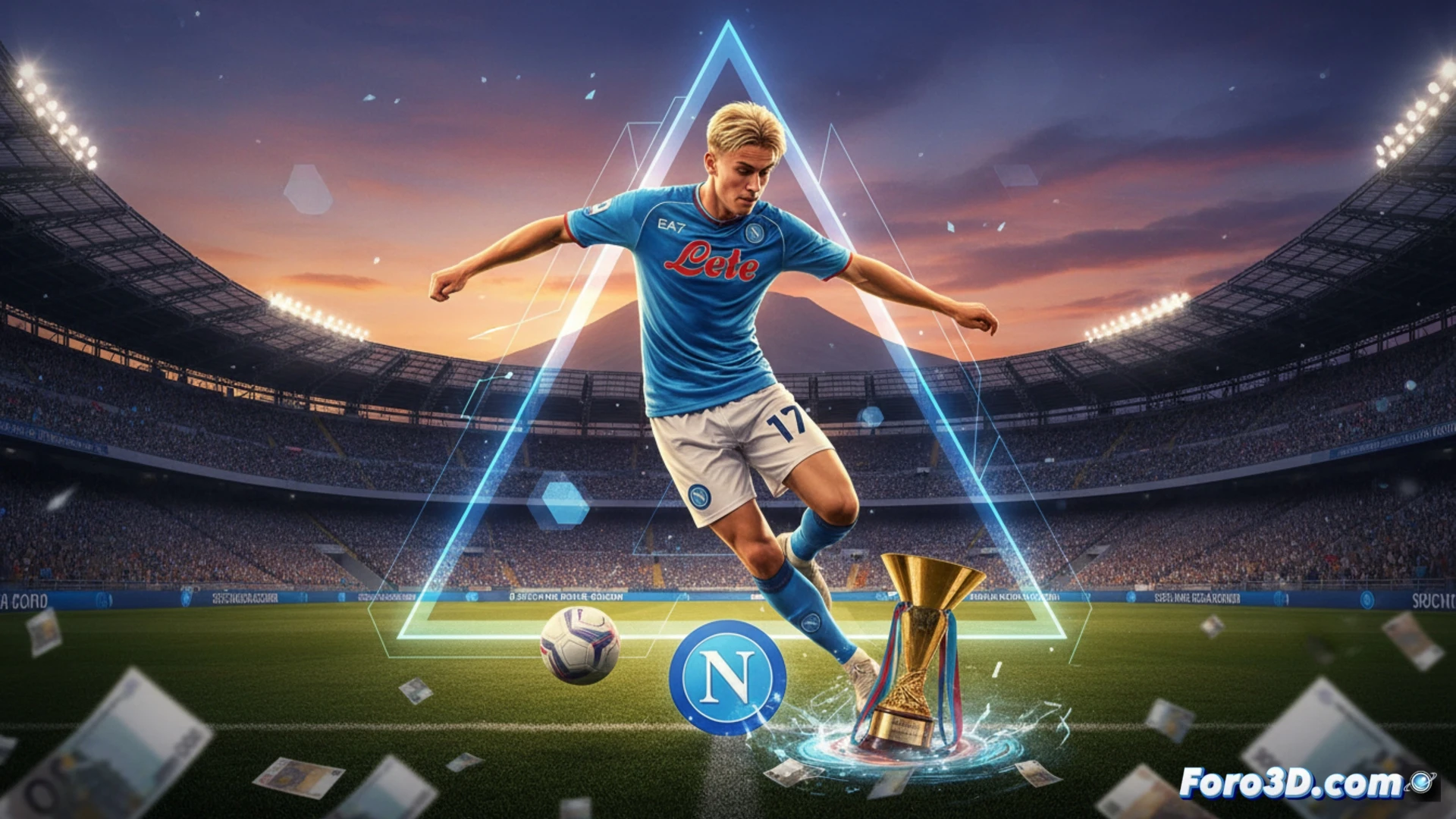 Un primer plano de Rasmus Hojlund con la camiseta del Napoli, celebrando un gol con el puño en alto, mientras detrás se difuminan aficionados y luces del estadio.